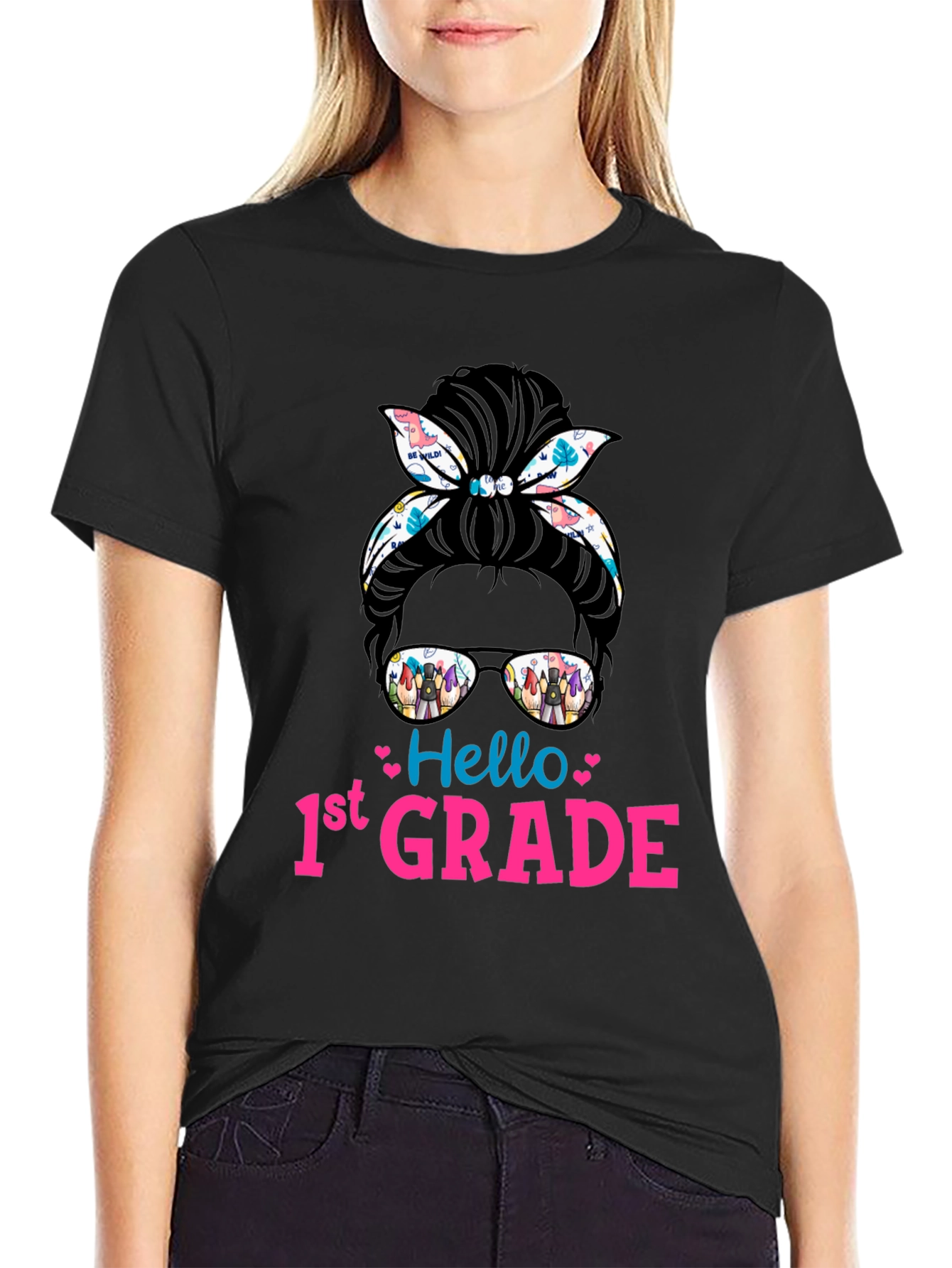 Hello 1st Grade Messy Bun T-Shirt