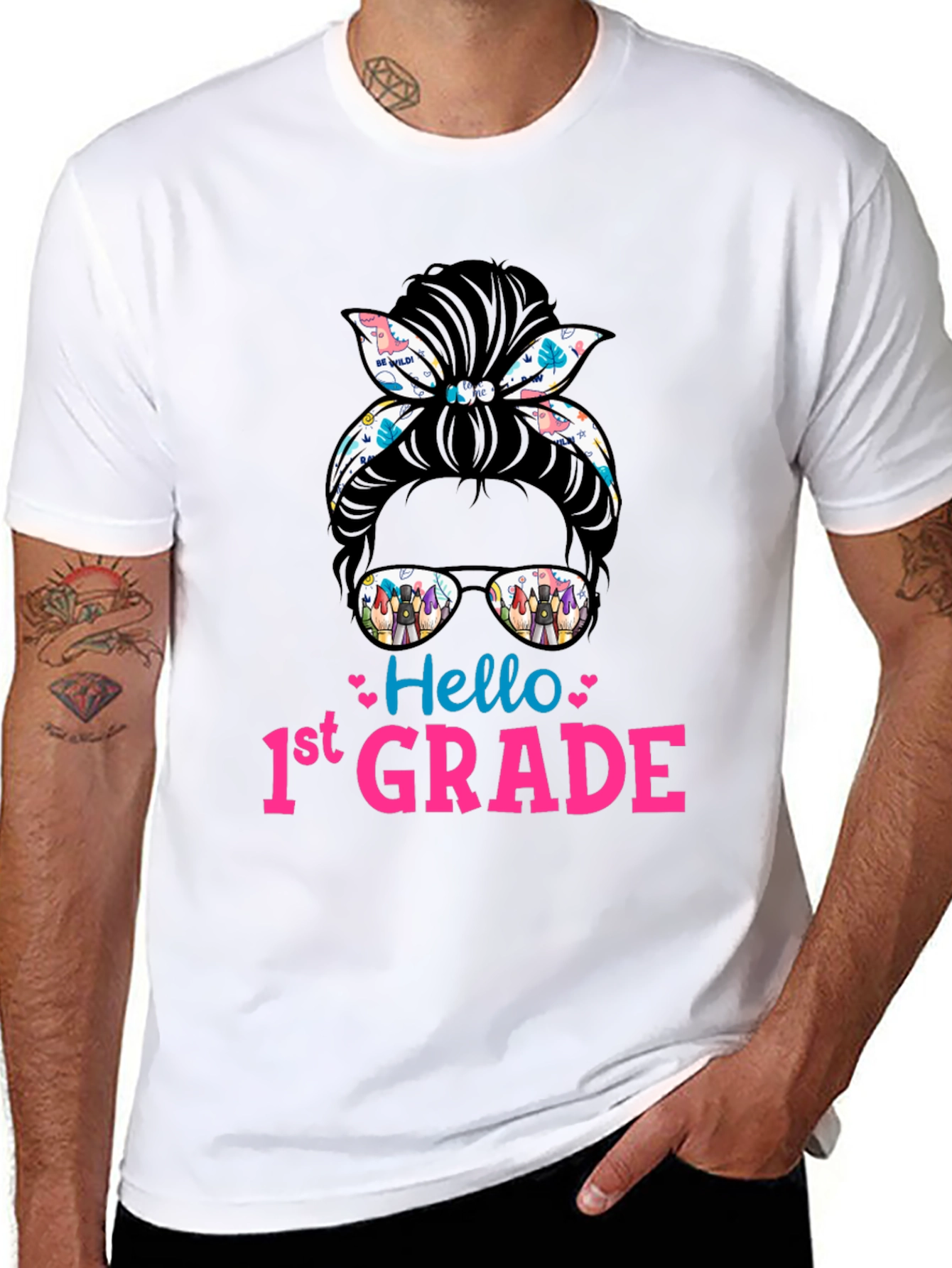 Hello 1st Grade Messy Bun T-Shirt