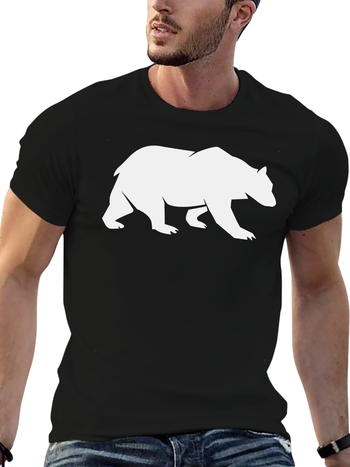 Bear Silhouette Graphic Tee - Black Cotton Casual