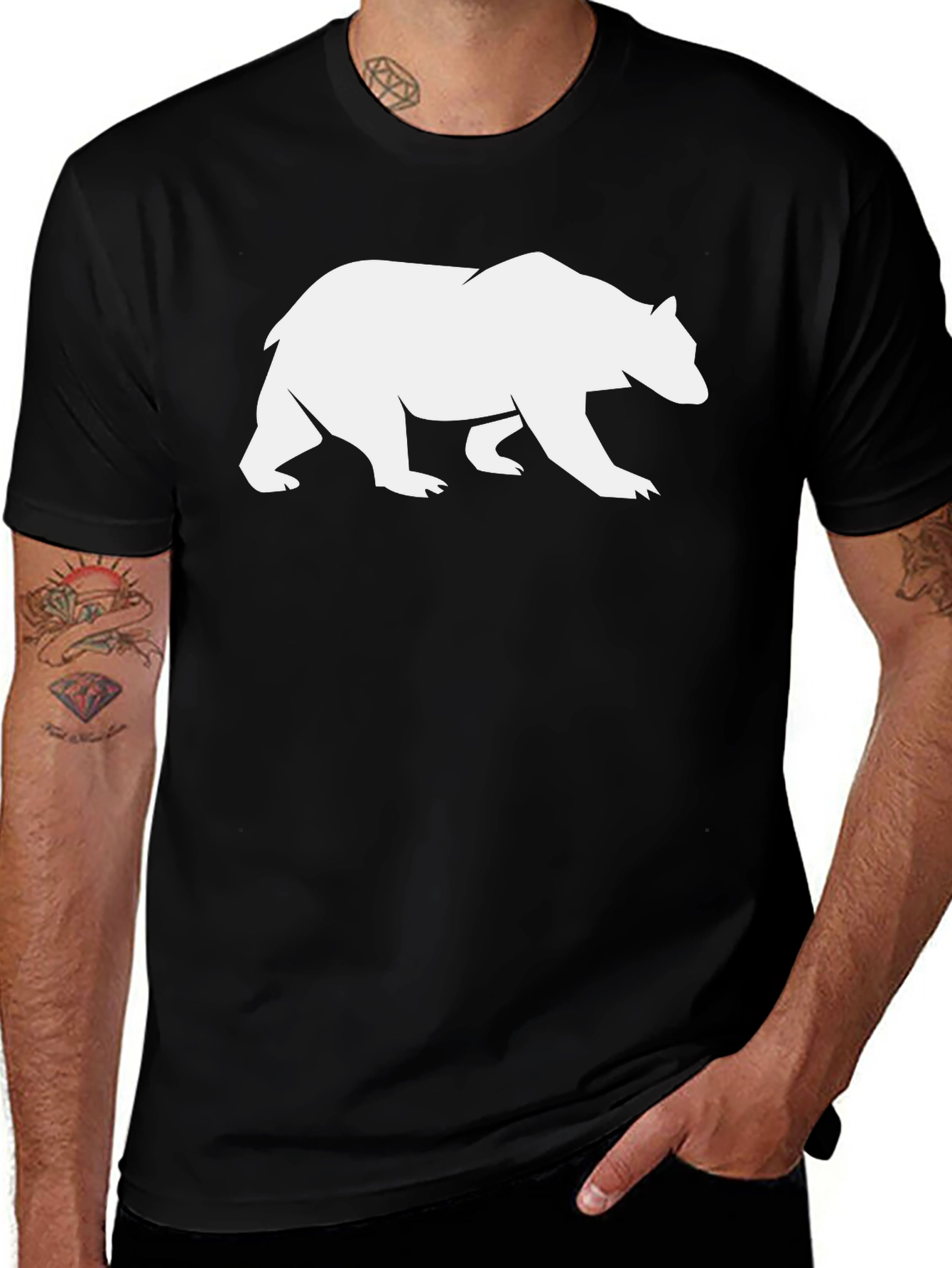 Bear Silhouette Graphic Tee - Black Cotton Casual