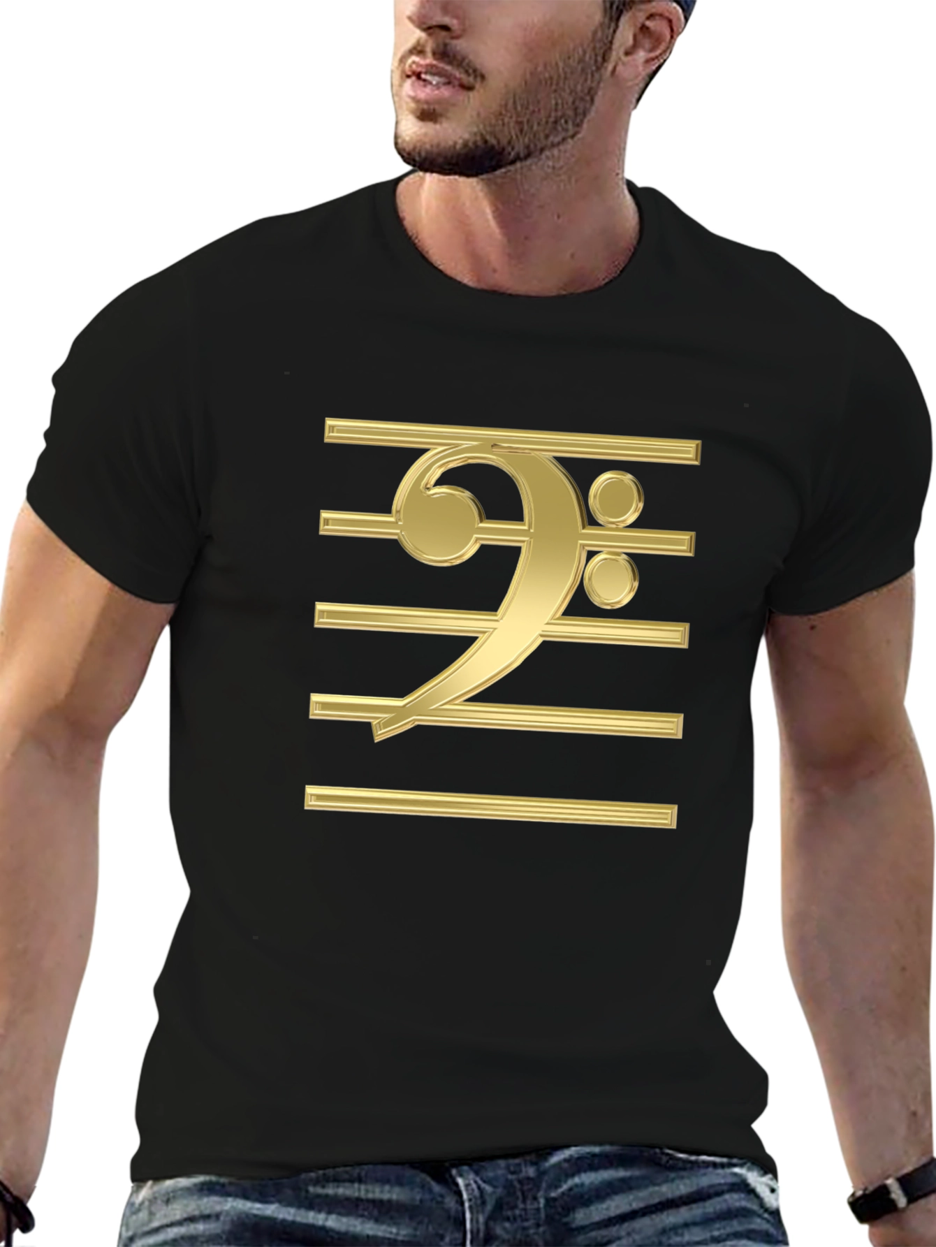 Bass Clef Gold Graphic Print Black T-Shirt