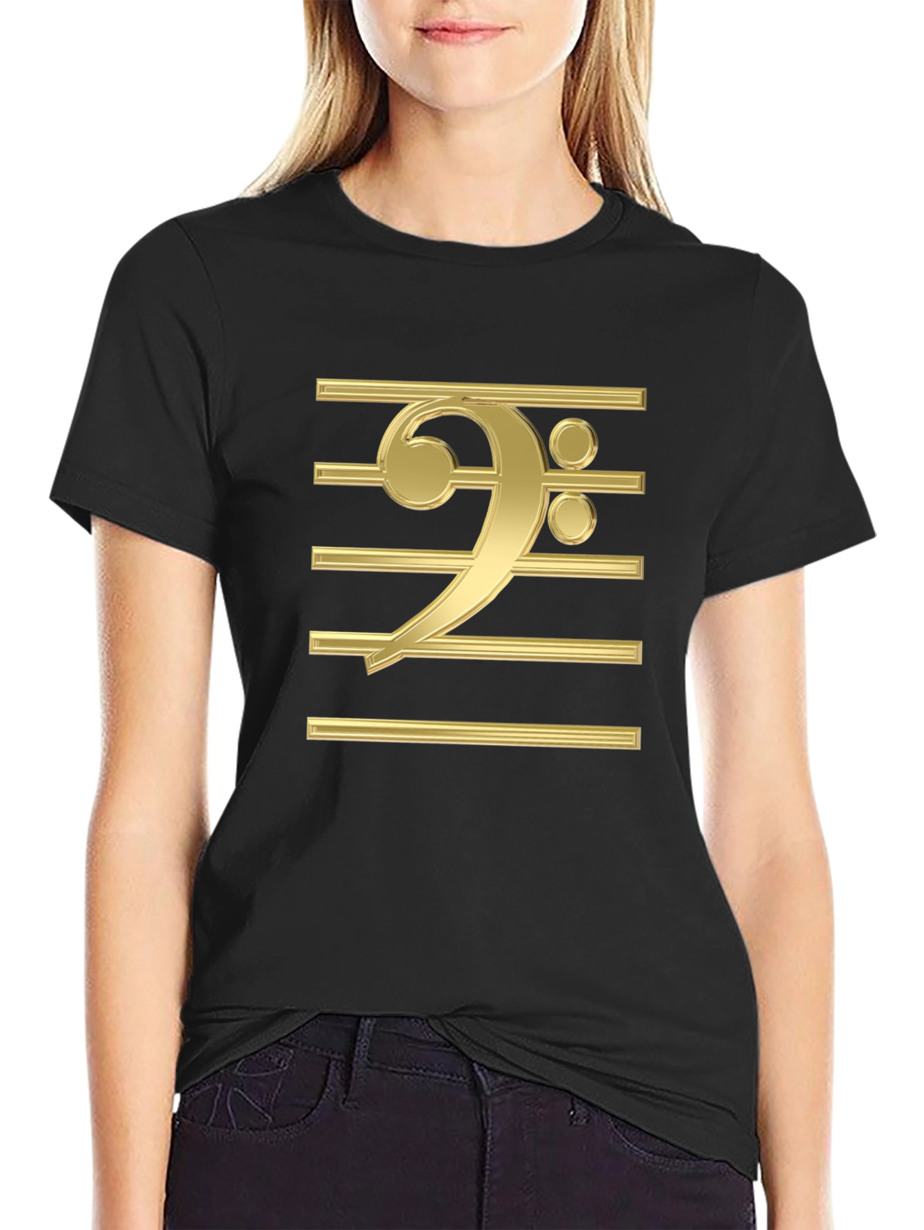 Bass Clef Gold Graphic Print Black T-Shirt