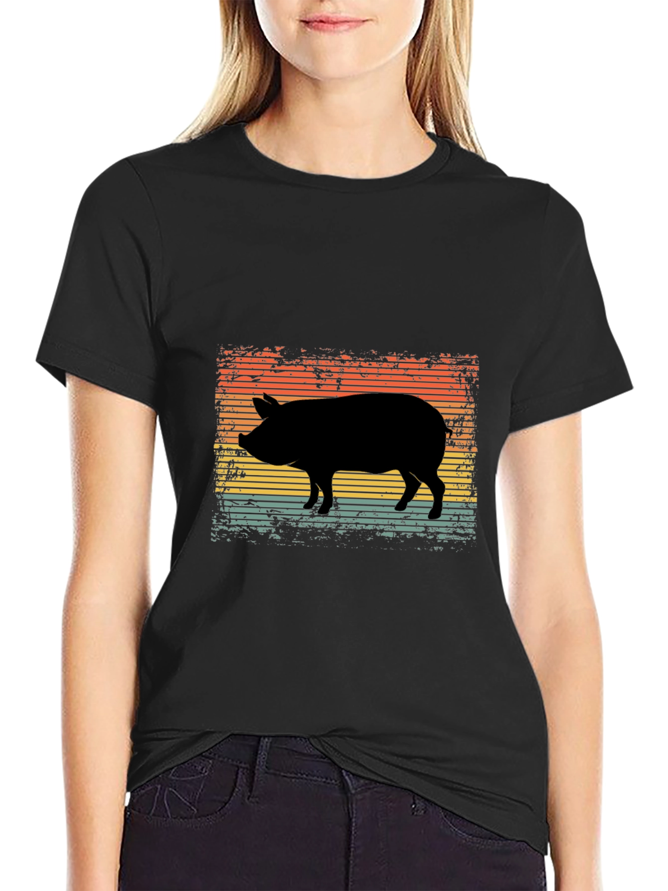 Retro Pig Silhouette Graphic Tee - Black