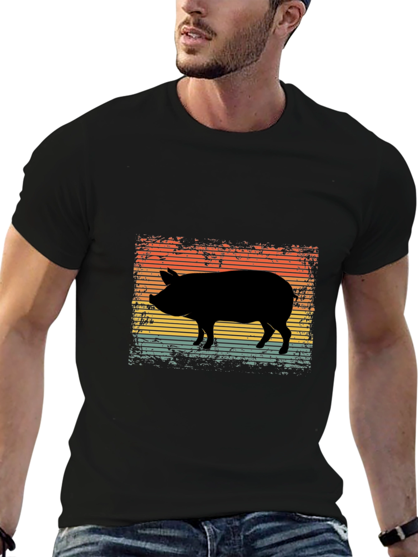 Retro Pig Silhouette Graphic Tee - Black