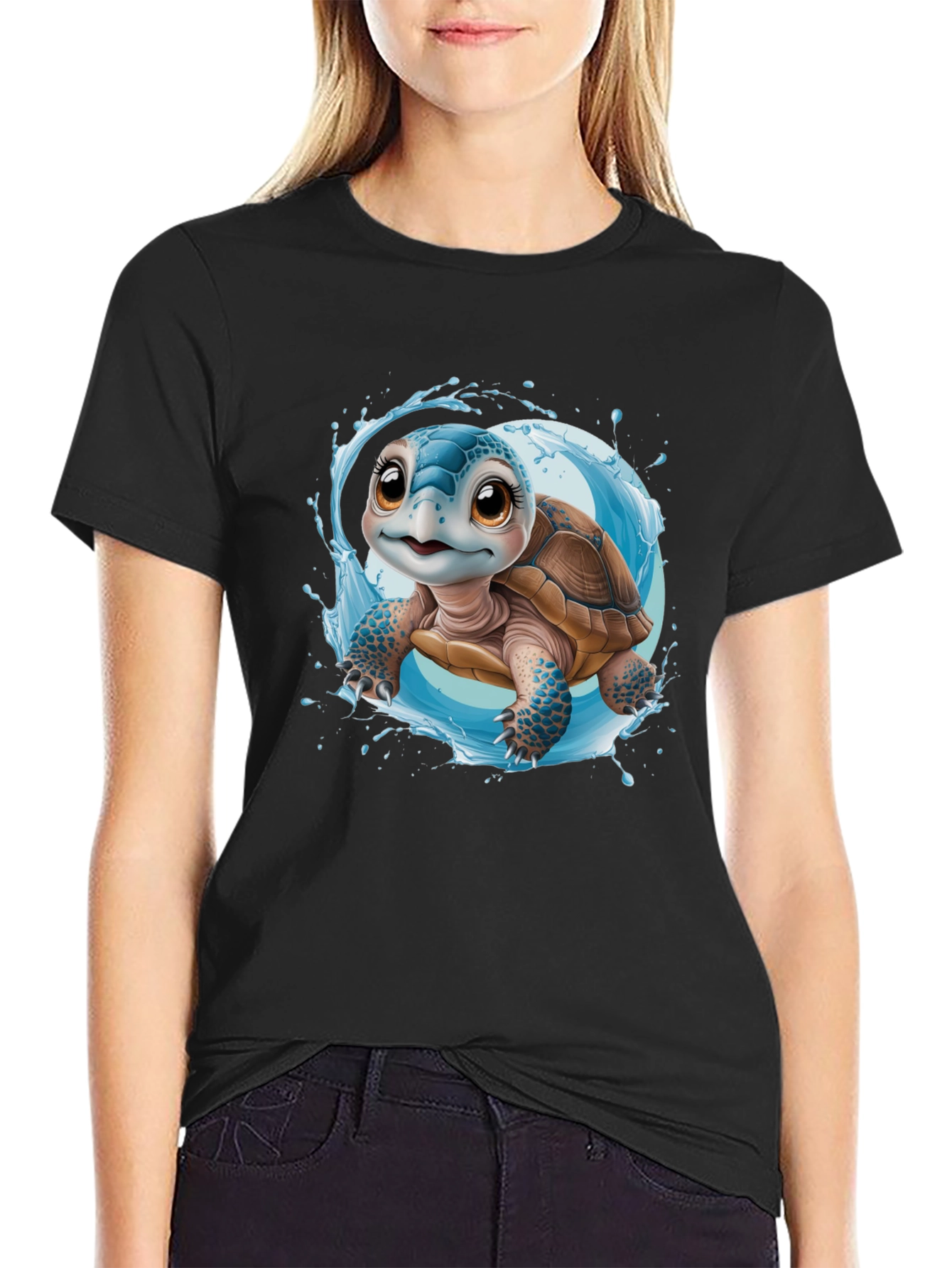 Cute Turtle Graphic Black Tee
