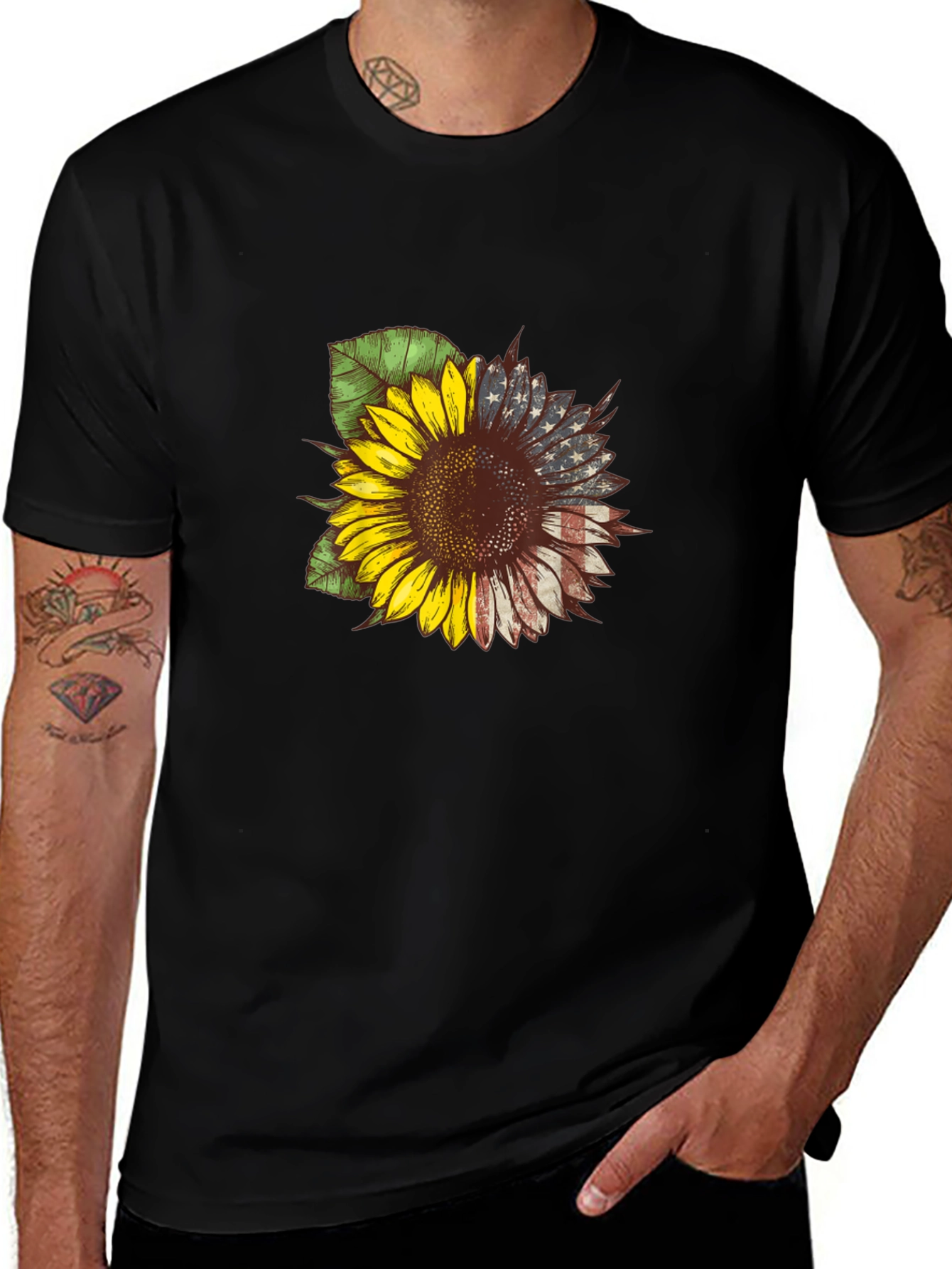 American Flag Sunflower Graphic Tee - Patriotic Style
