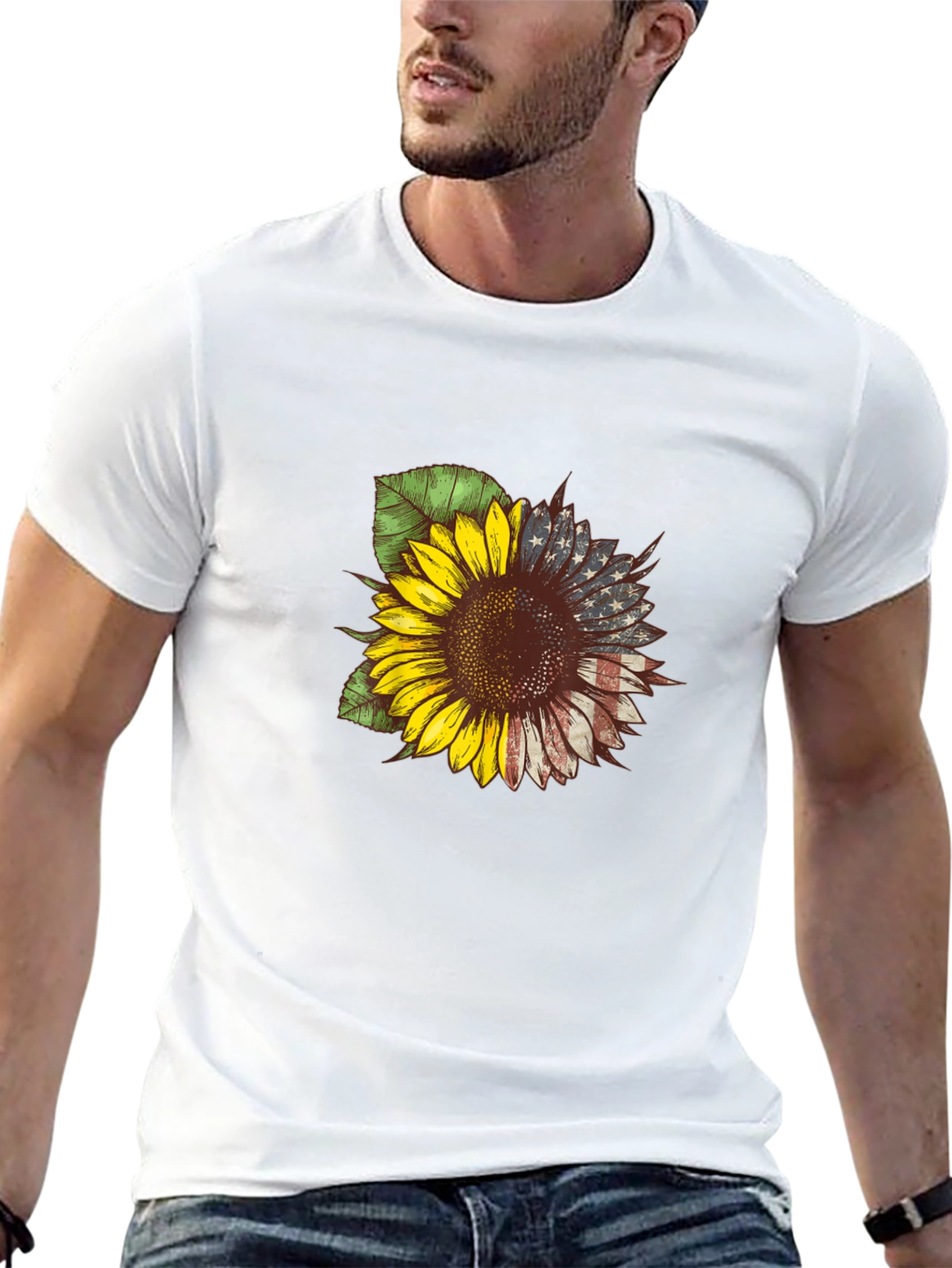 American Flag Sunflower Graphic Tee - Patriotic Style