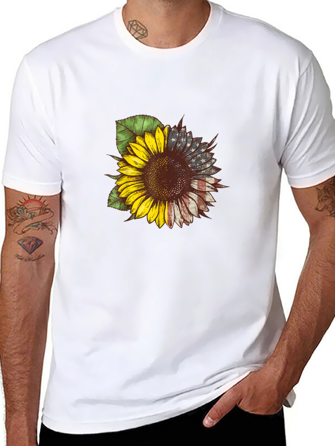 American Flag Sunflower Graphic Tee - Patriotic Style