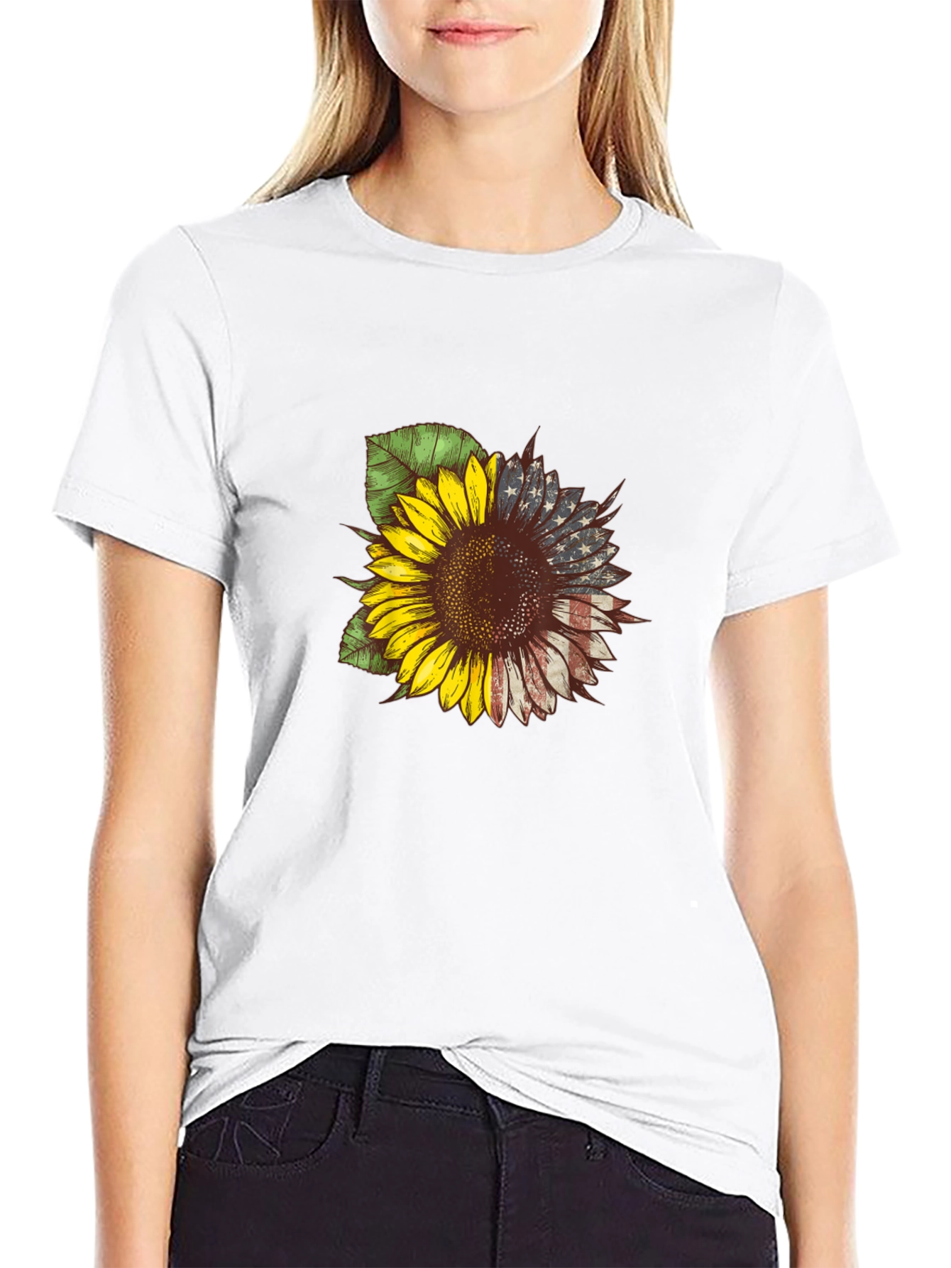 American Flag Sunflower Graphic Tee - Patriotic Style