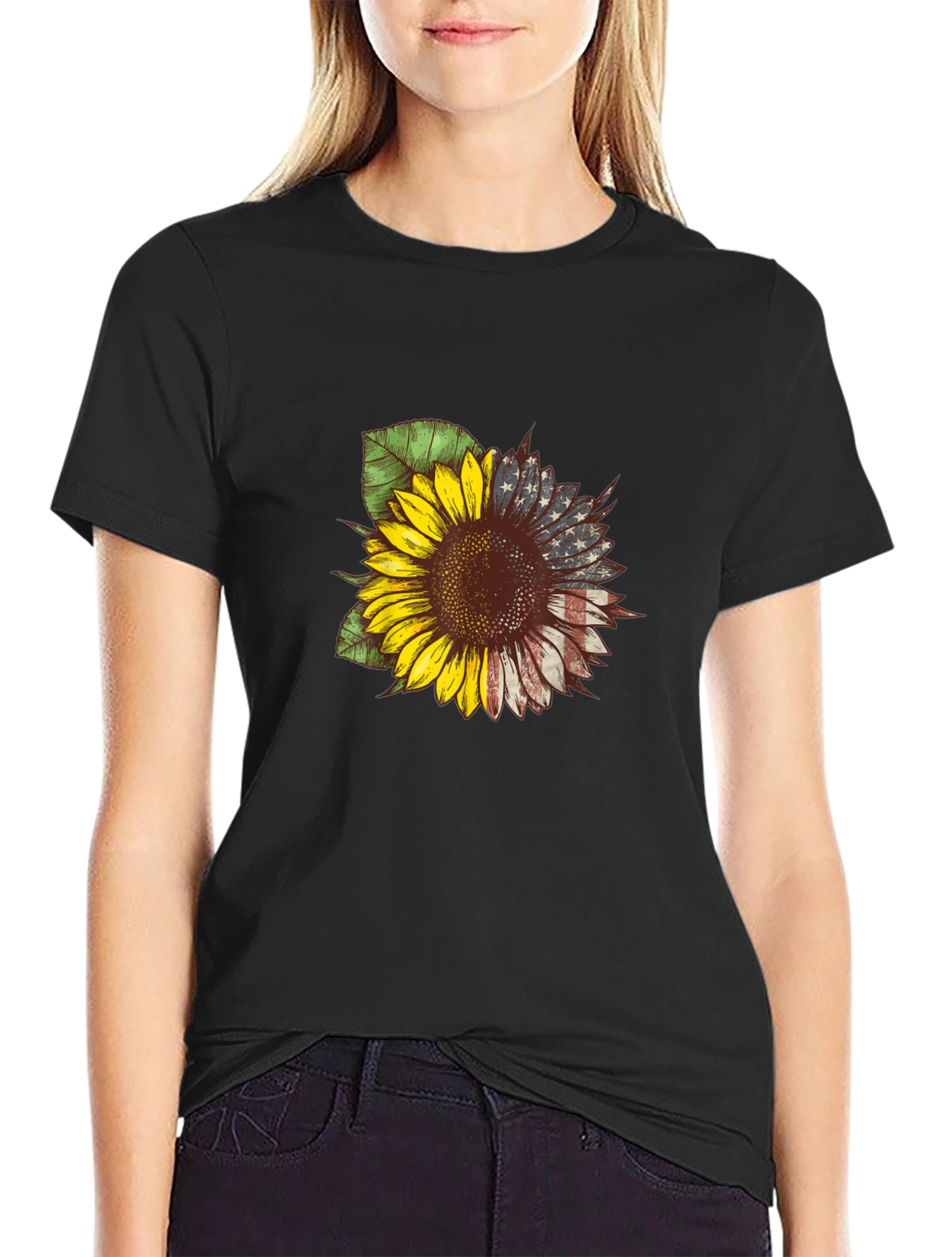 American Flag Sunflower Graphic Tee - Patriotic Style