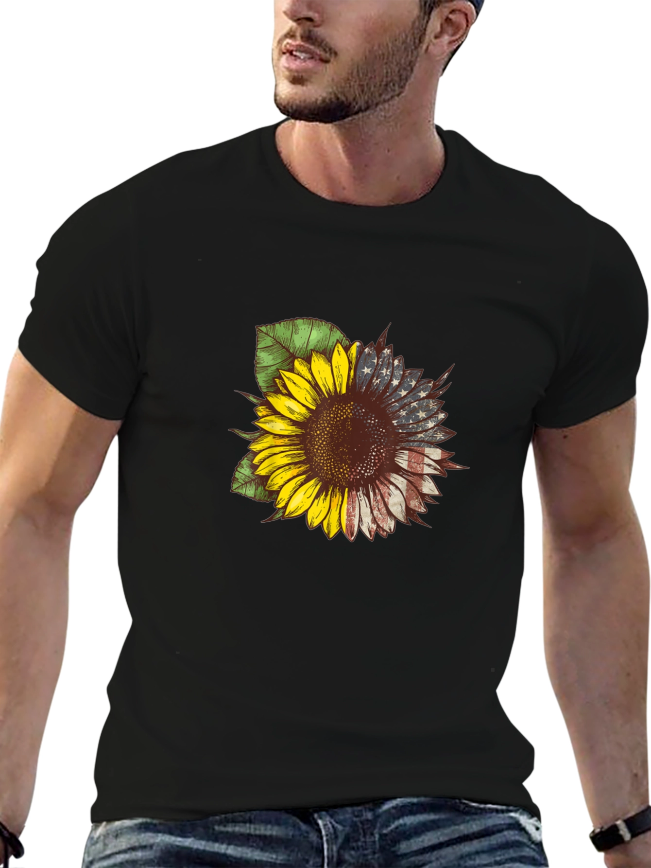American Flag Sunflower Graphic Tee - Patriotic Style
