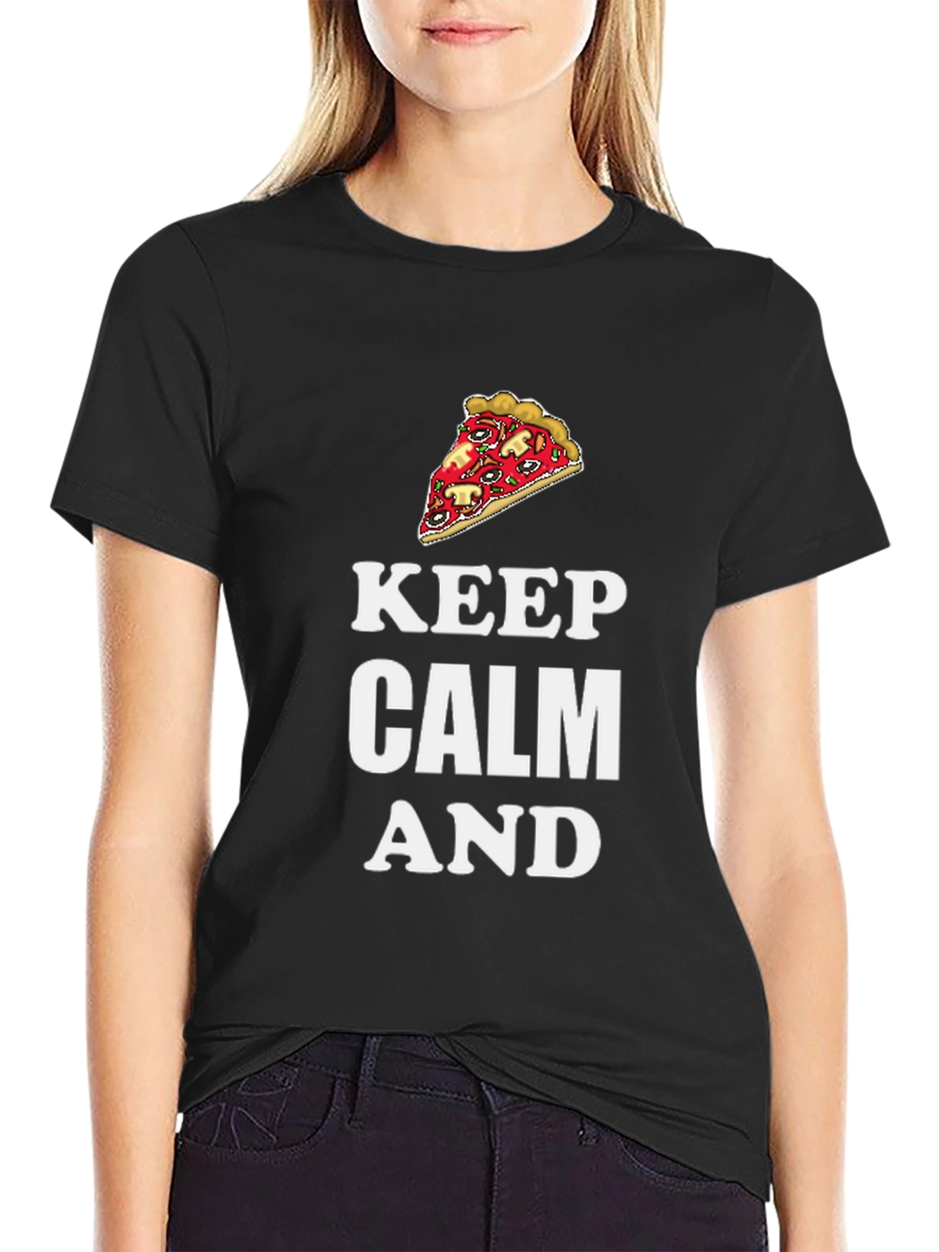 Keep Calm and Pizza Graphic T-Shirt - Black