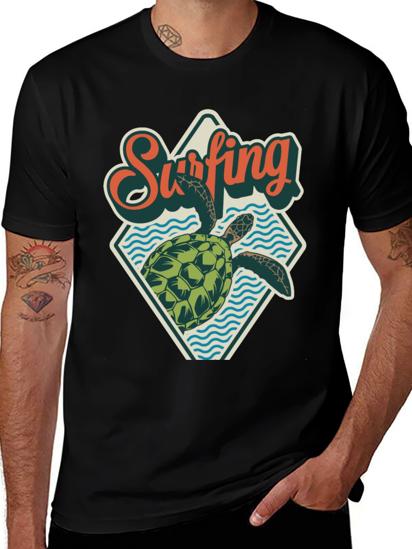 Surfing Turtle Graphic Tee - Retro Beach Style