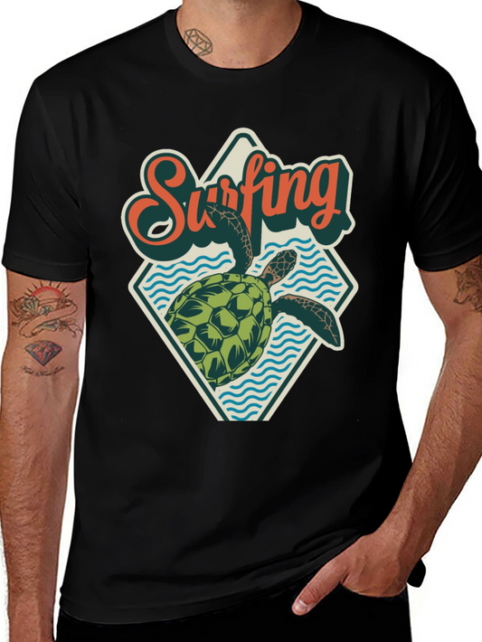 Surfing Turtle Graphic Tee - Retro Beach Style