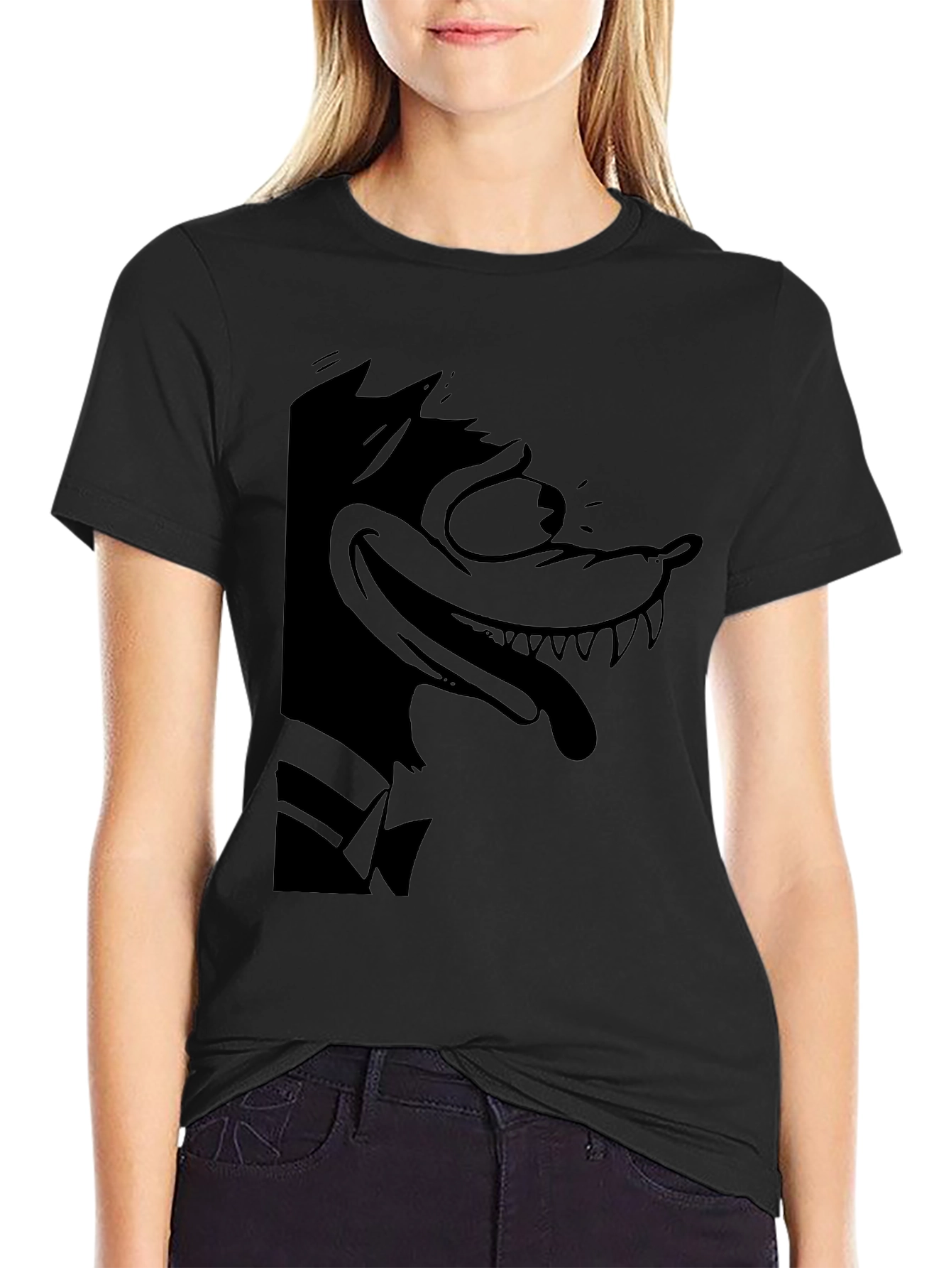 Cartoon Wolf Graphic Black Tee