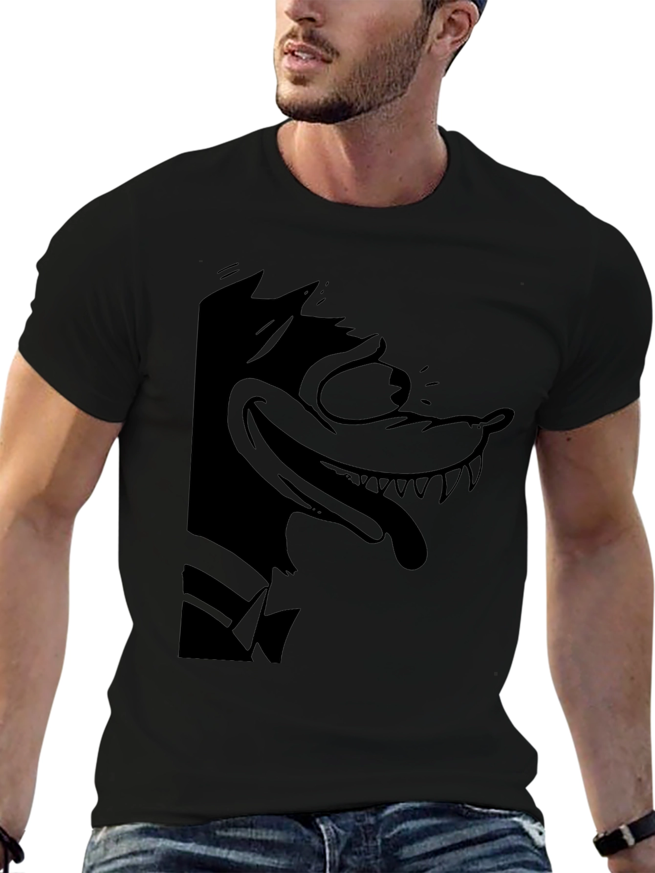 Cartoon Wolf Graphic Black Tee