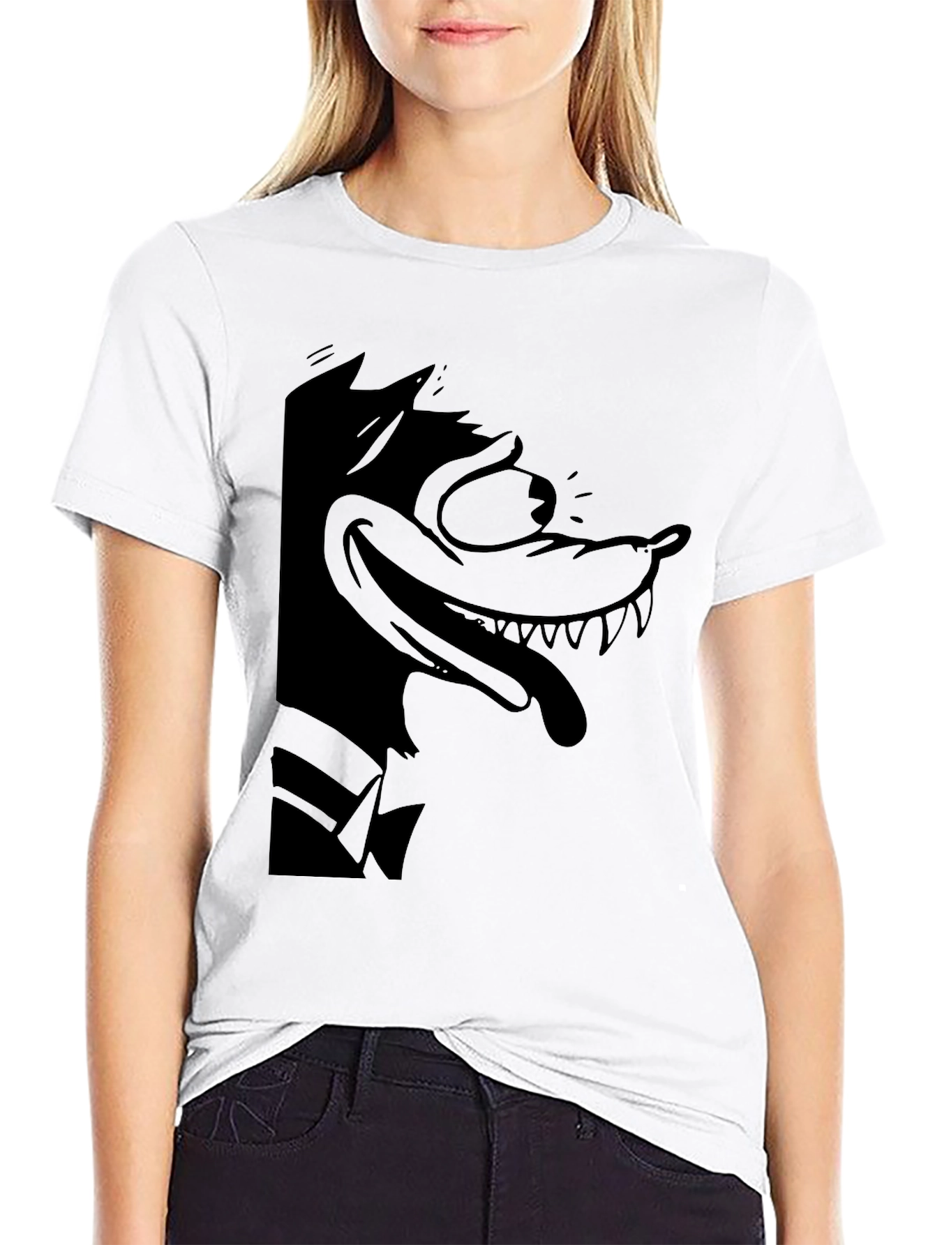Cartoon Wolf Graphic Black Tee