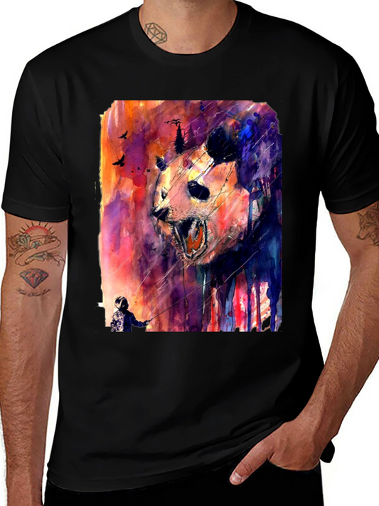 Panda Watercolor Graphic Print Black T-Shirt