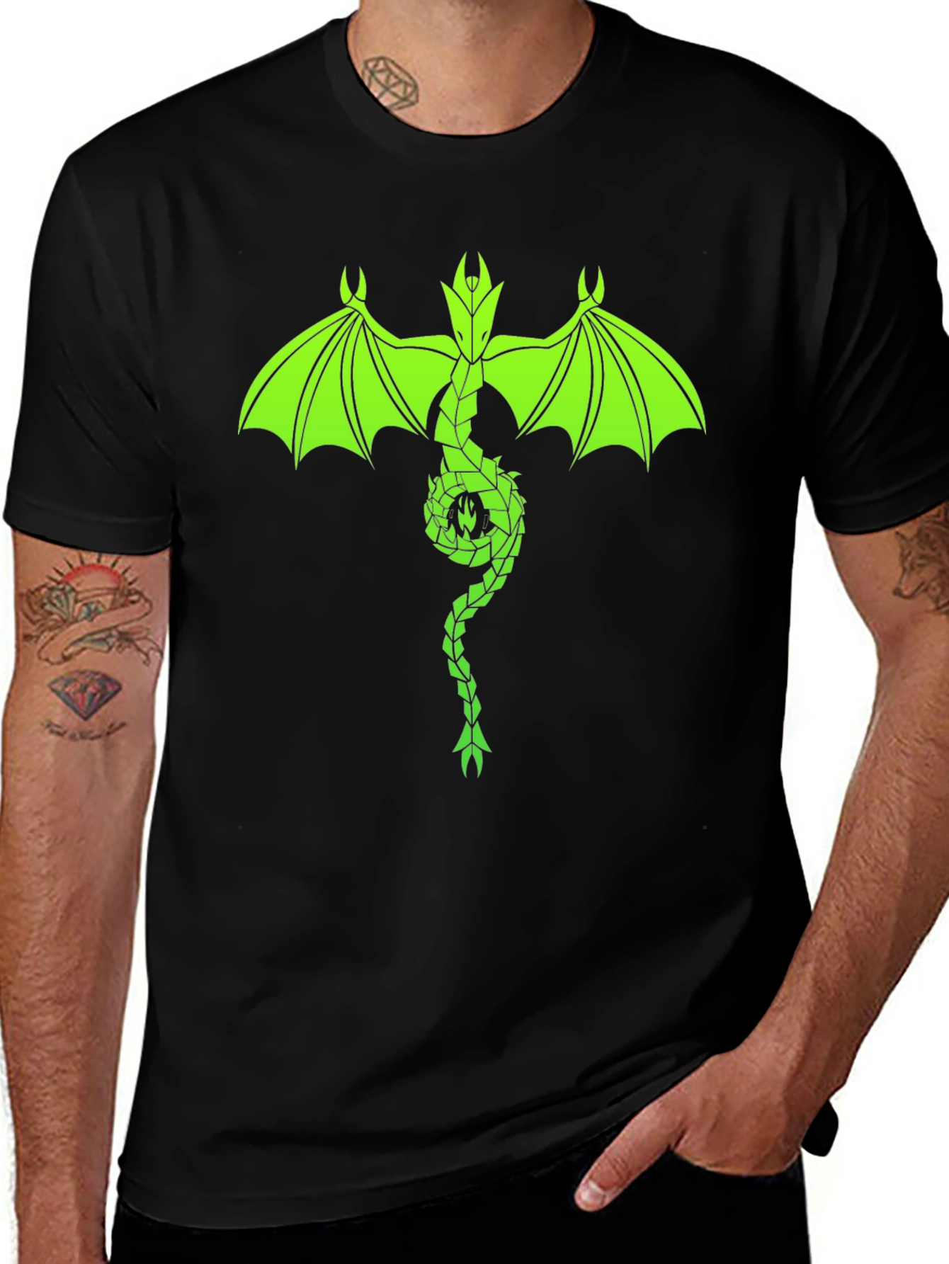 Neon Green Dragon Graphic Black T-Shirt