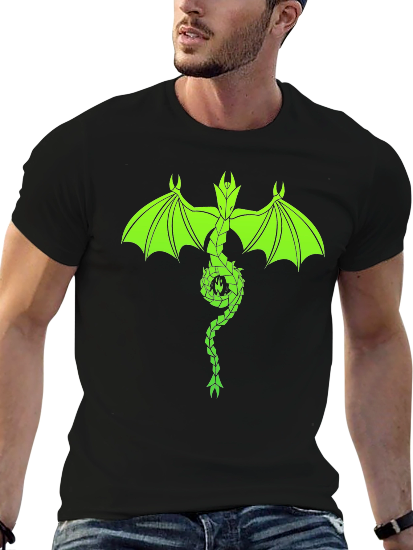 Neon Green Dragon Graphic Black T-Shirt