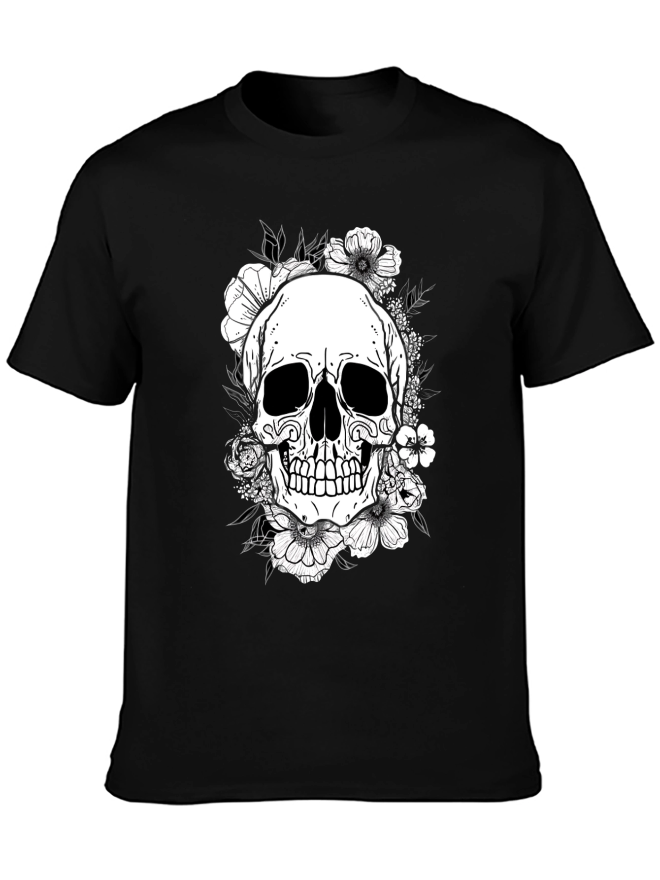 Floral Skull Graphic Tee - Black Cotton T-Shirt