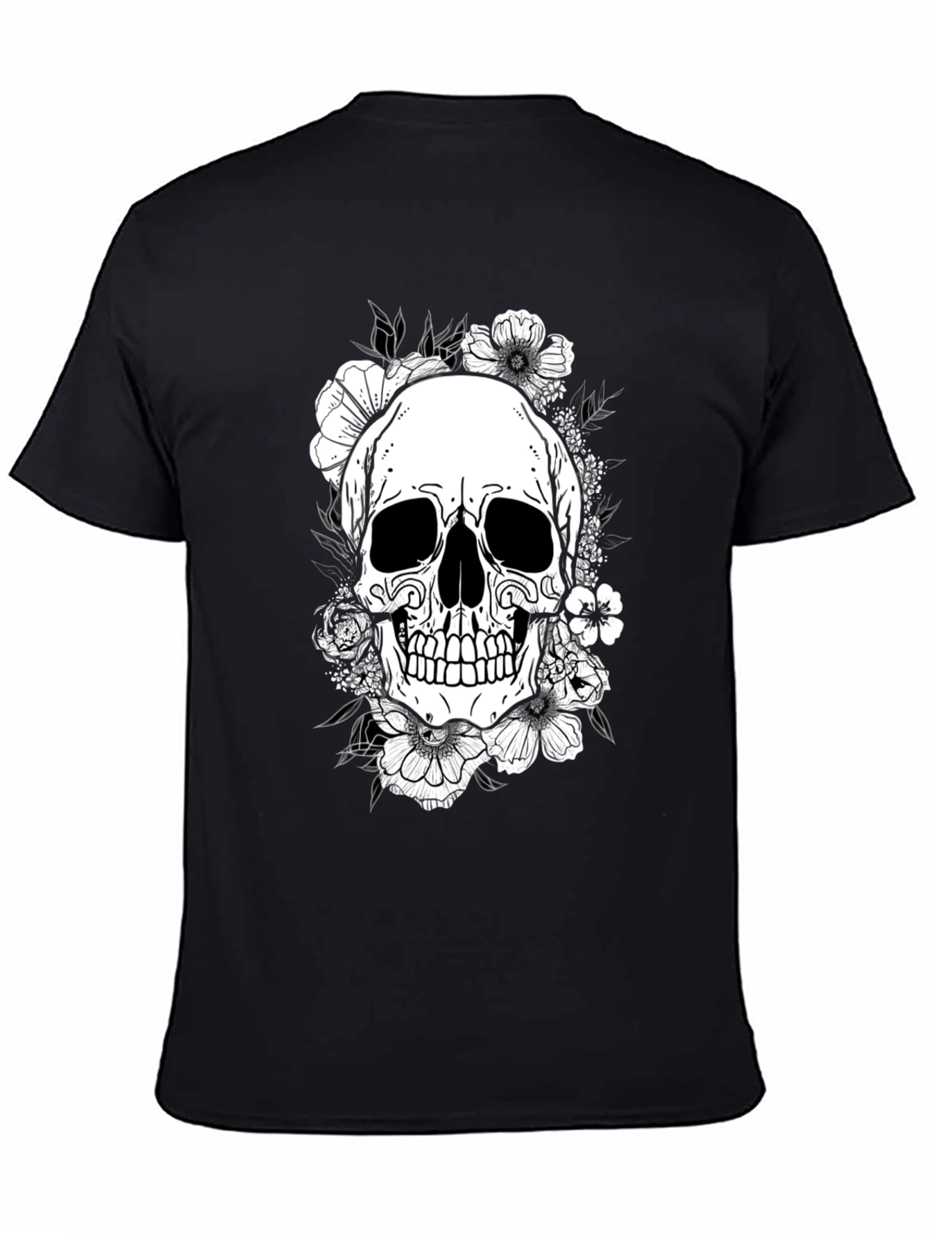 Floral Skull Graphic Tee - Black Cotton T-Shirt