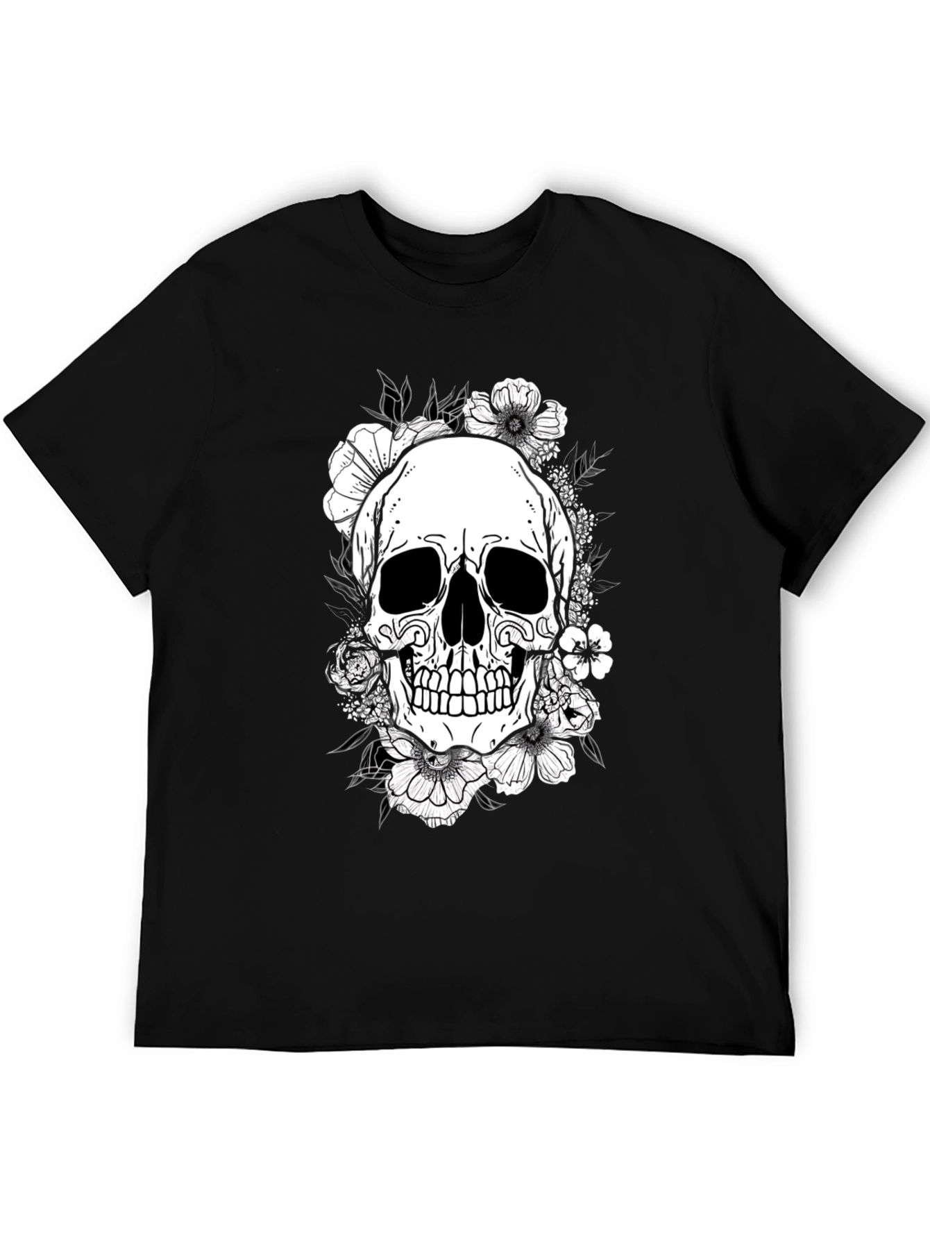 Floral Skull Graphic Tee - Black Cotton T-Shirt