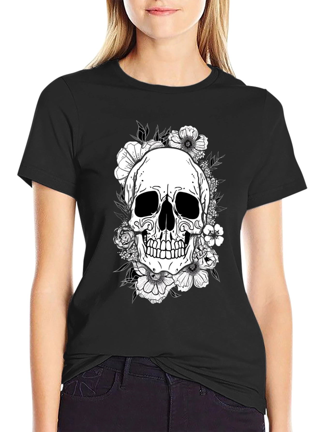Floral Skull Graphic Tee - Black Cotton T-Shirt