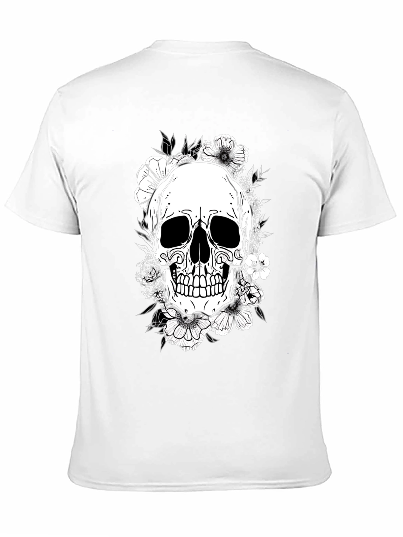 Floral Skull Graphic Tee - Black Cotton T-Shirt