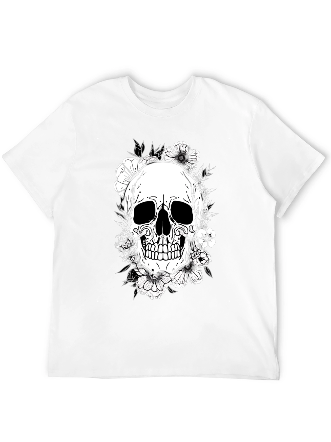 Floral Skull Graphic Tee - Black Cotton T-Shirt