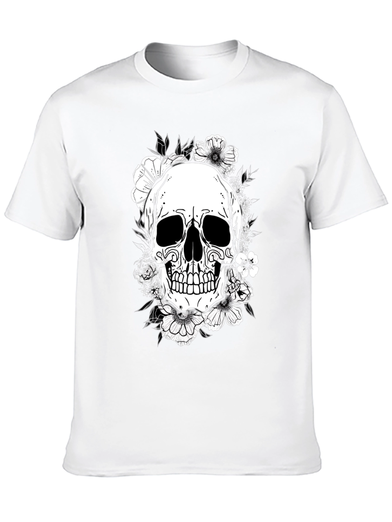 Floral Skull Graphic Tee - Black Cotton T-Shirt