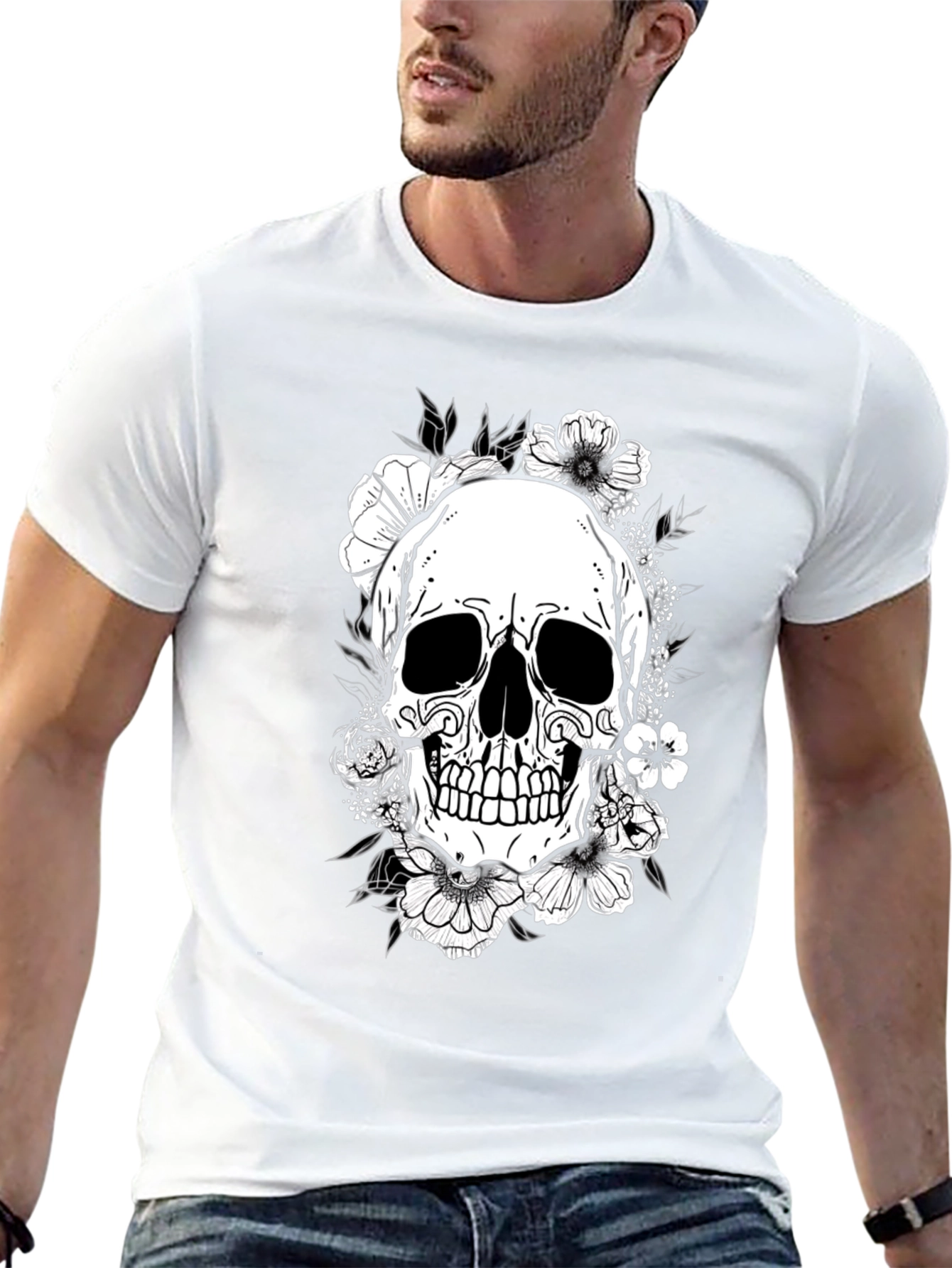 Floral Skull Graphic Tee - Black Cotton T-Shirt