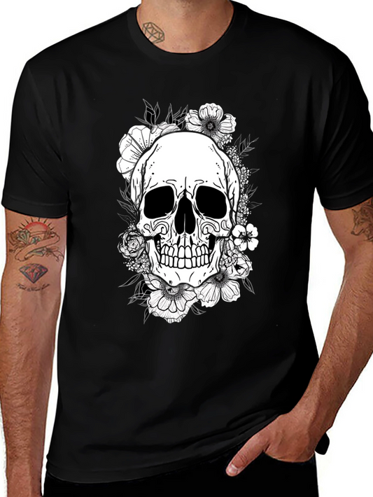 Floral Skull Graphic Tee - Black Cotton T-Shirt
