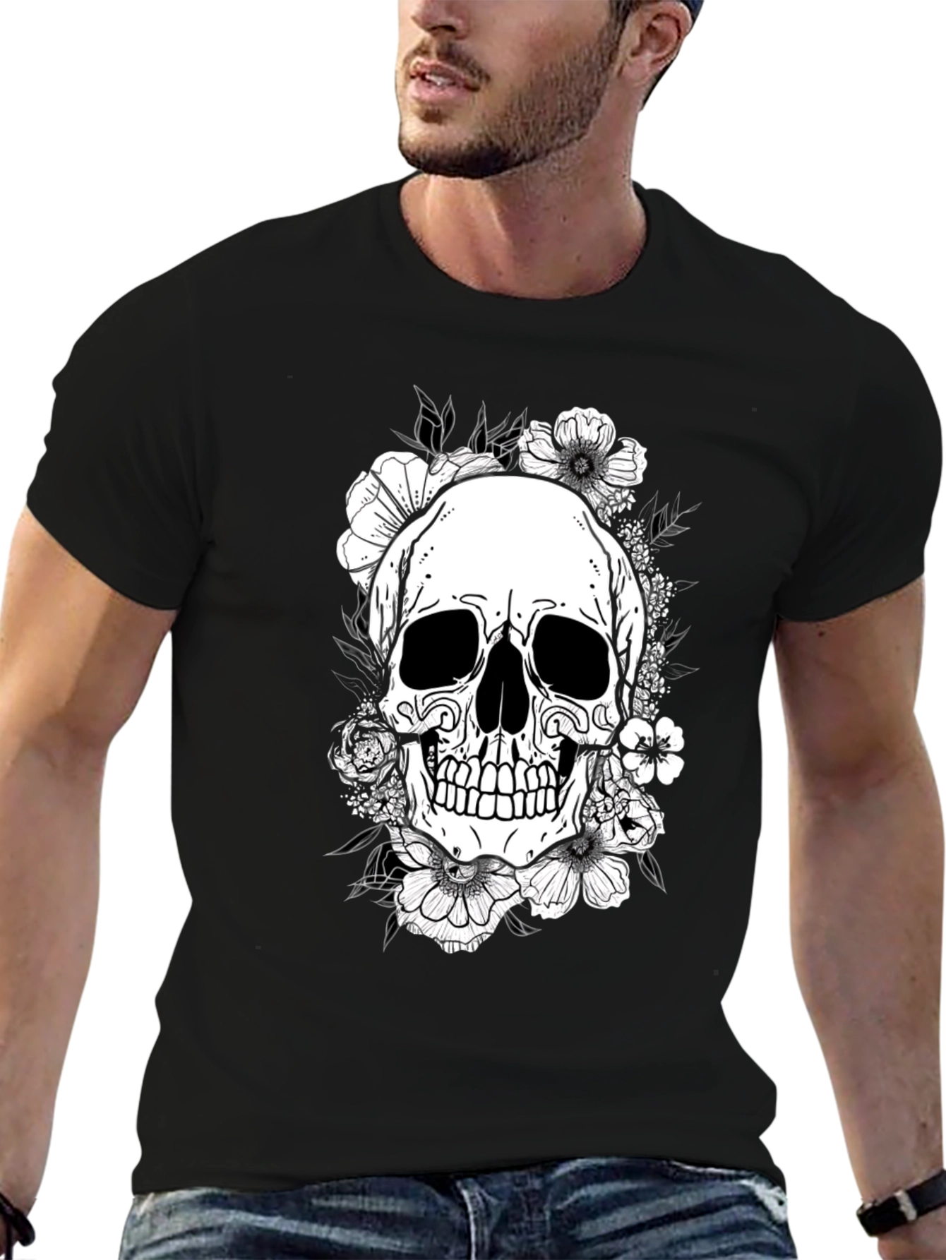 Floral Skull Graphic Tee - Black Cotton T-Shirt