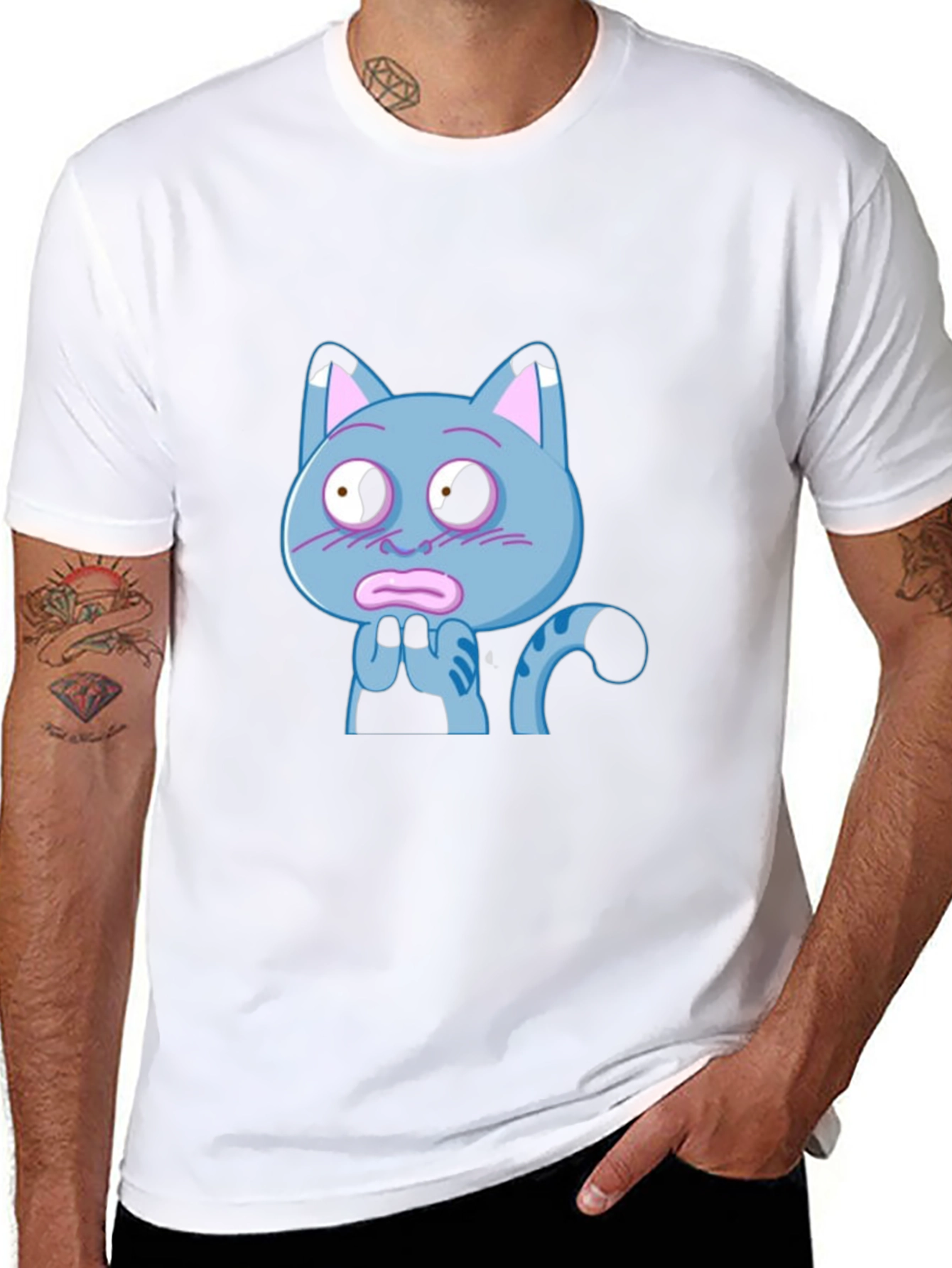 Blue Cat Cartoon T-Shirt - Novelty Graphic Tee