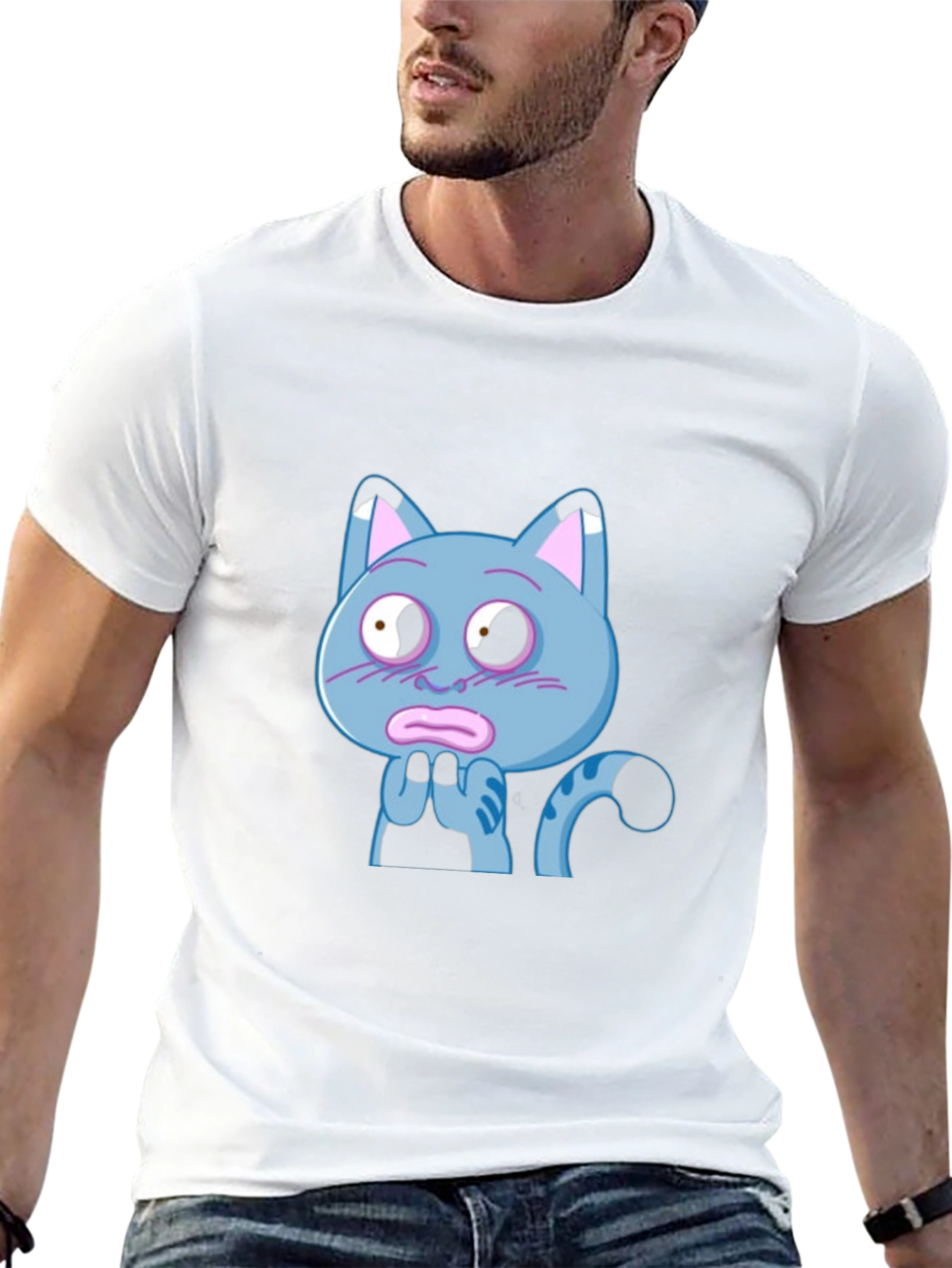 Blue Cat Cartoon T-Shirt - Novelty Graphic Tee