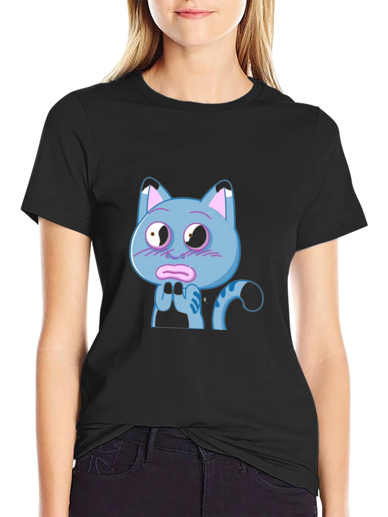Blue Cat Cartoon T-Shirt - Novelty Graphic Tee