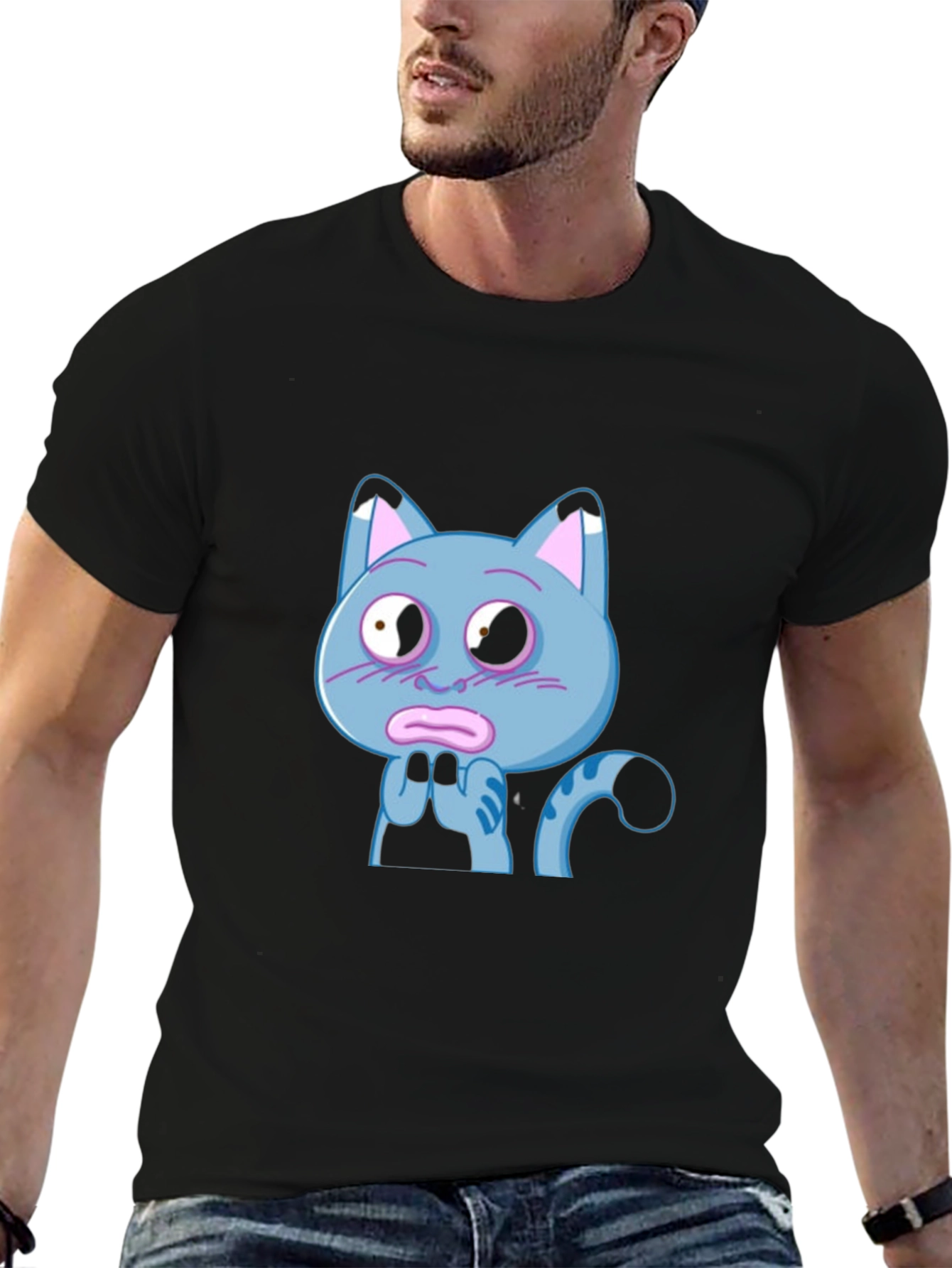 Blue Cat Cartoon T-Shirt - Novelty Graphic Tee