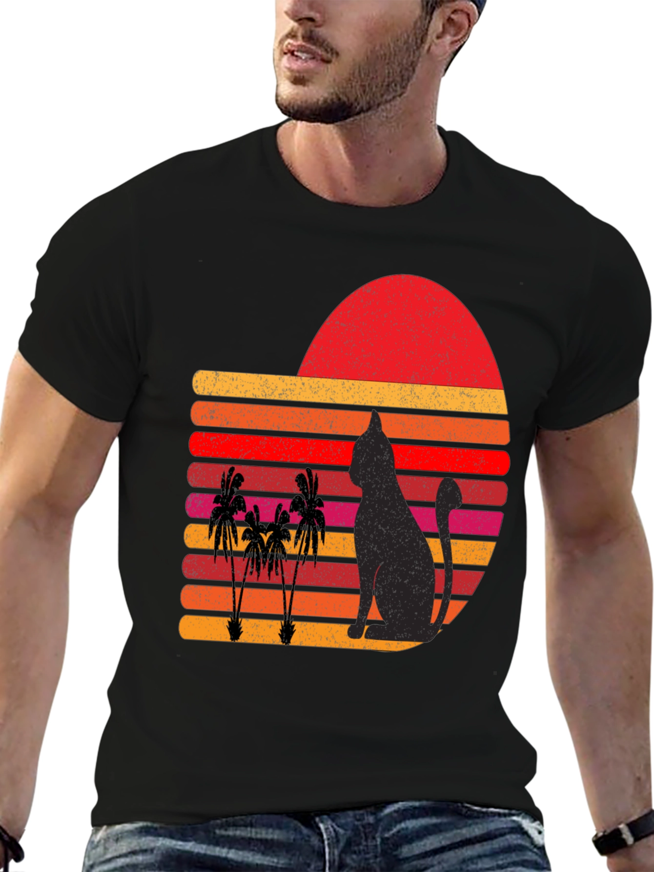Retro Cat & Palm Tree Sunset Graphic Tee