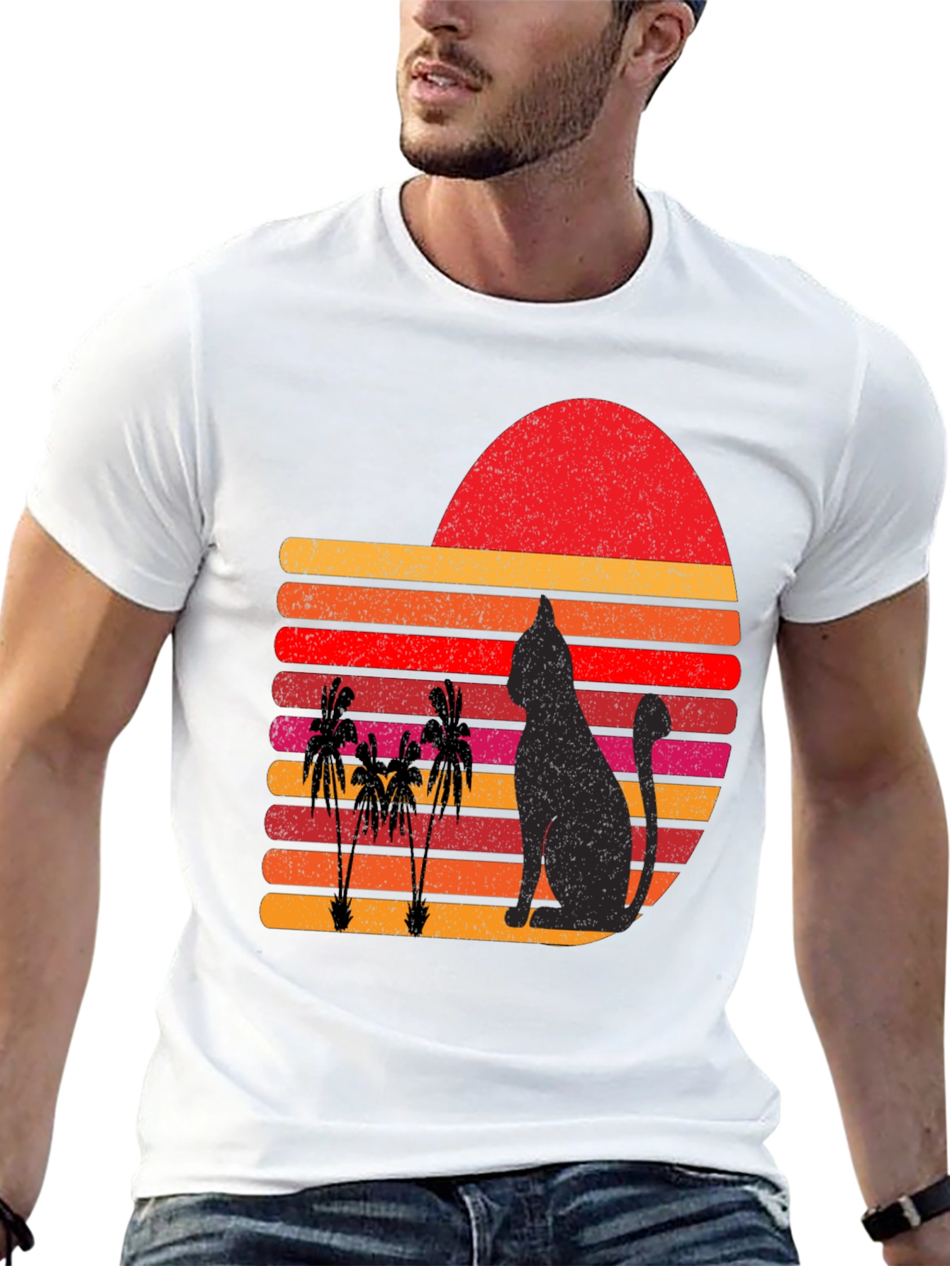 Retro Cat & Palm Tree Sunset Graphic Tee