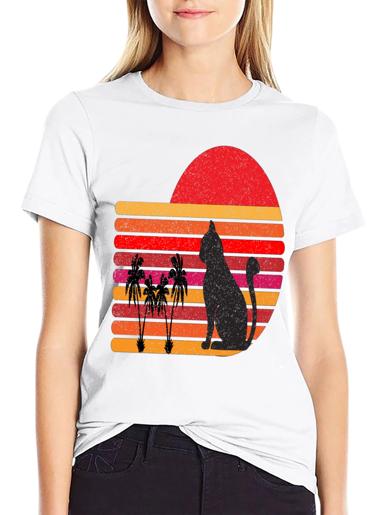 Retro Cat & Palm Tree Sunset Graphic Tee