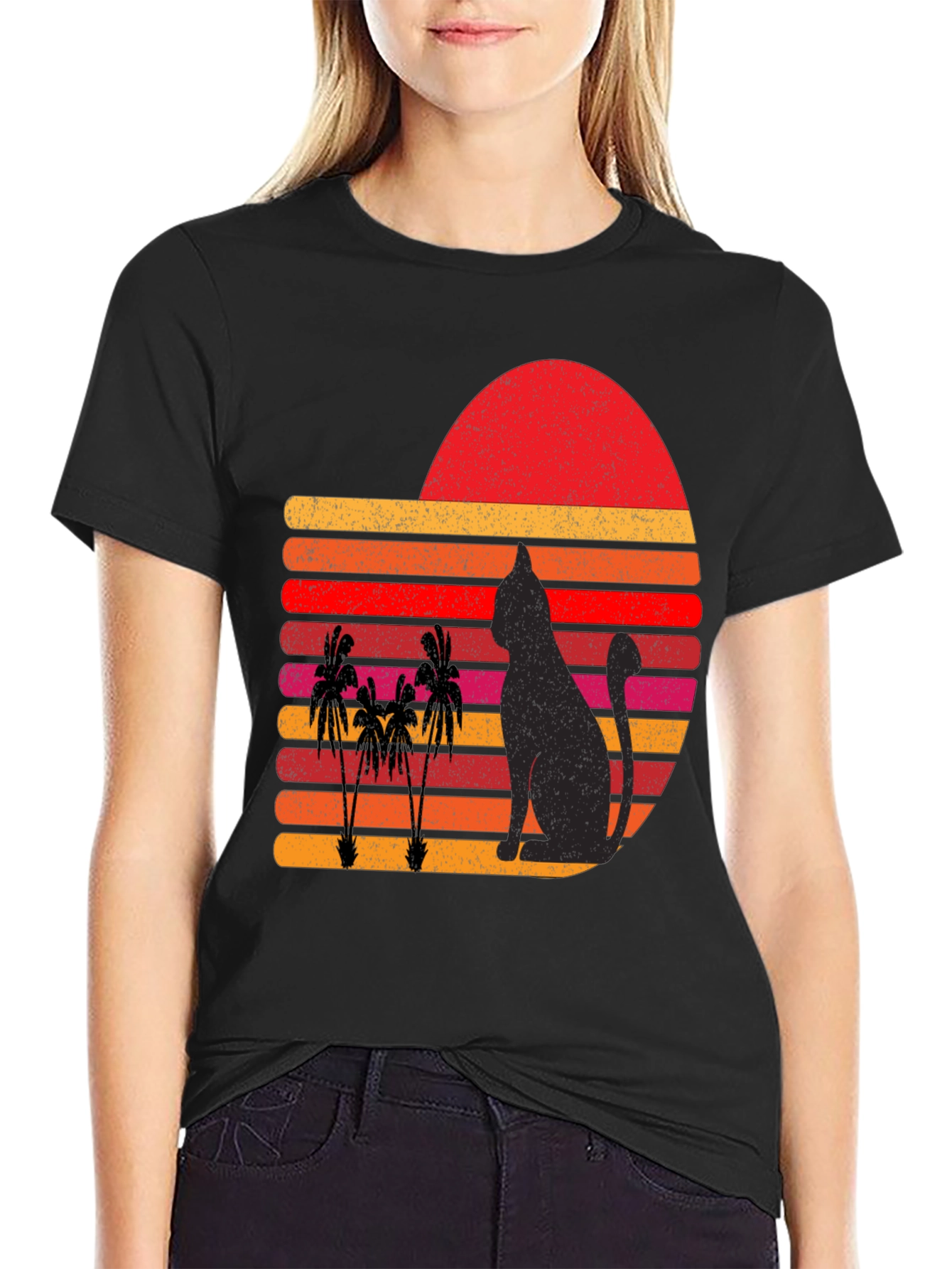 Retro Cat & Palm Tree Sunset Graphic Tee