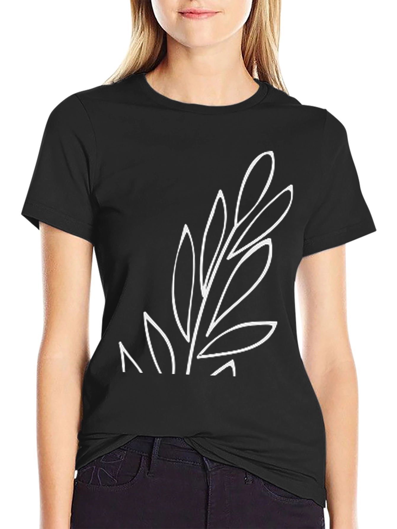 Minimalist Leaf Design Black T-Shirt