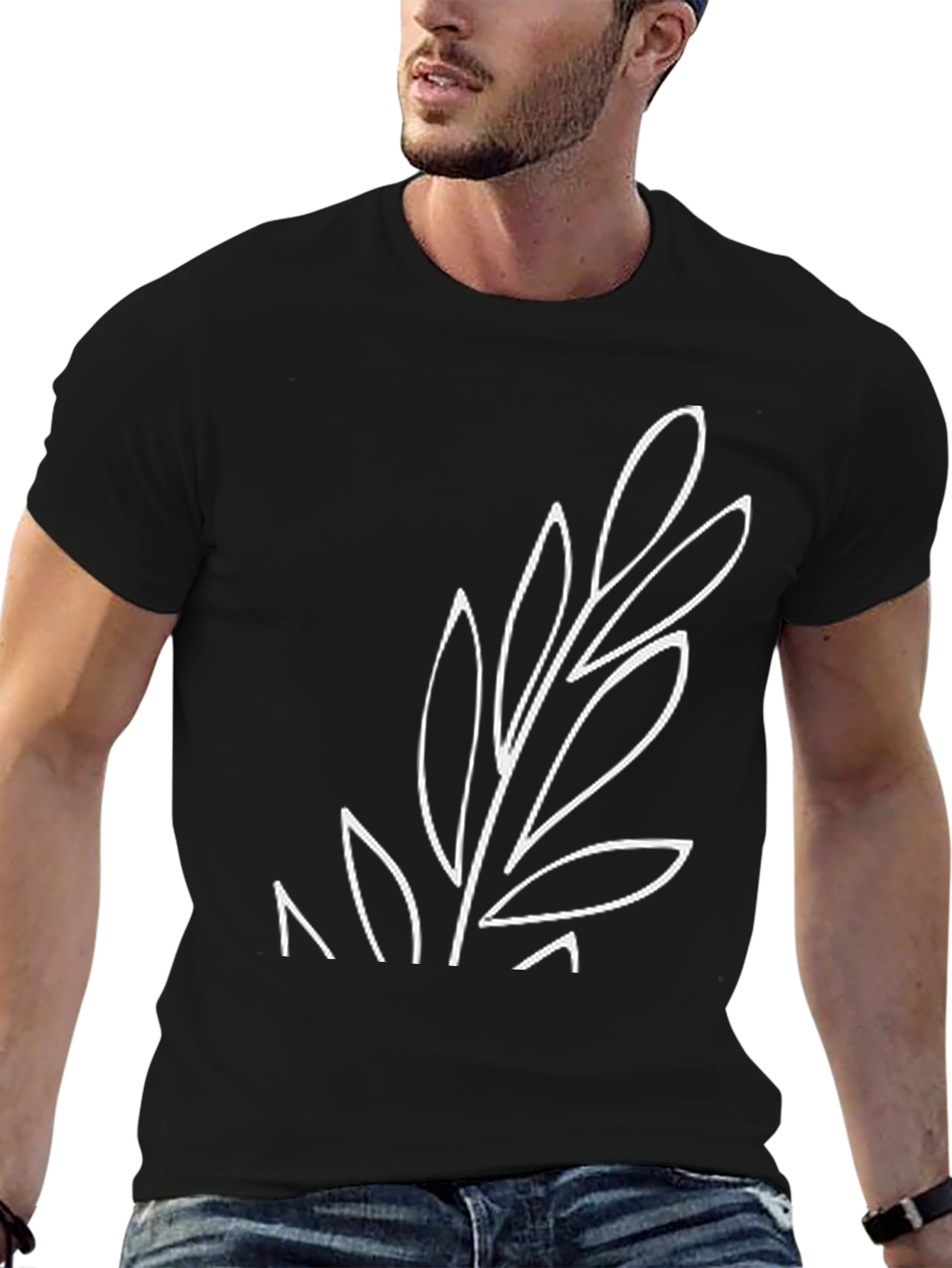 Minimalist Leaf Design Black T-Shirt