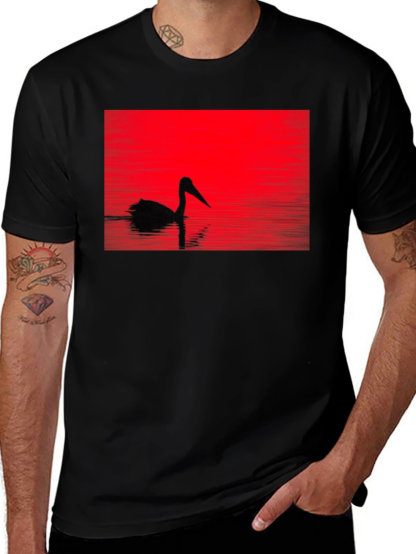 Pelican Silhouette T-Shirt - Red Sunset Design