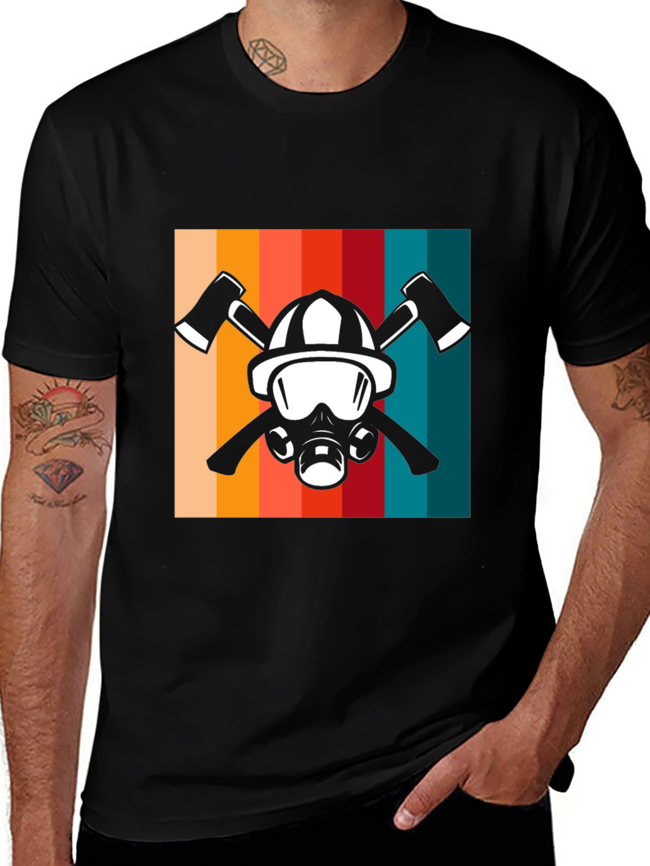 Firefighter Helmet & Axe Retro Graphic Tee