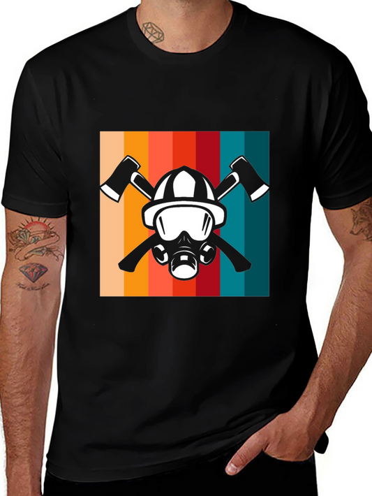 Firefighter Helmet & Axe Retro Graphic Tee