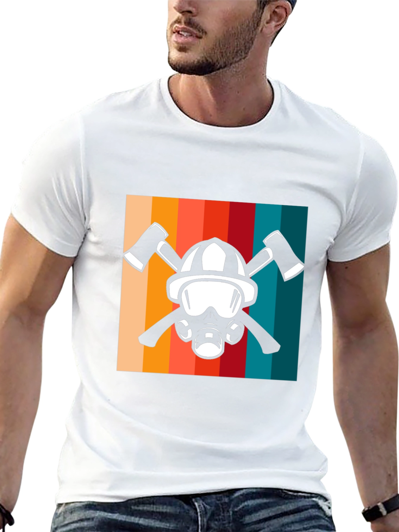 Firefighter Helmet & Axe Retro Graphic Tee