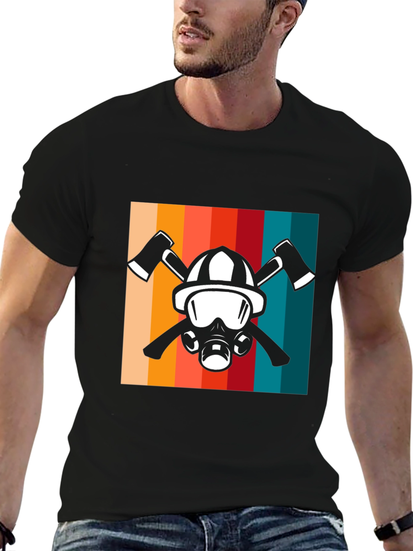 Firefighter Helmet & Axe Retro Graphic Tee