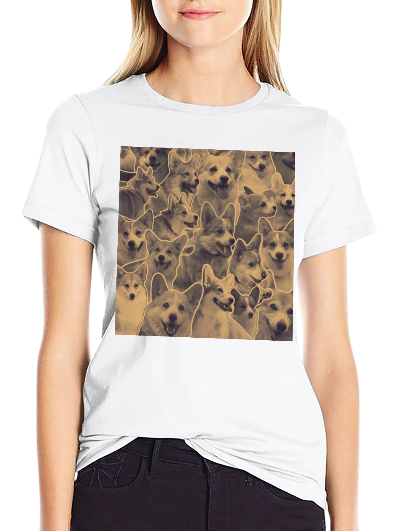 Corgi Print Black Crew Neck T-Shirt